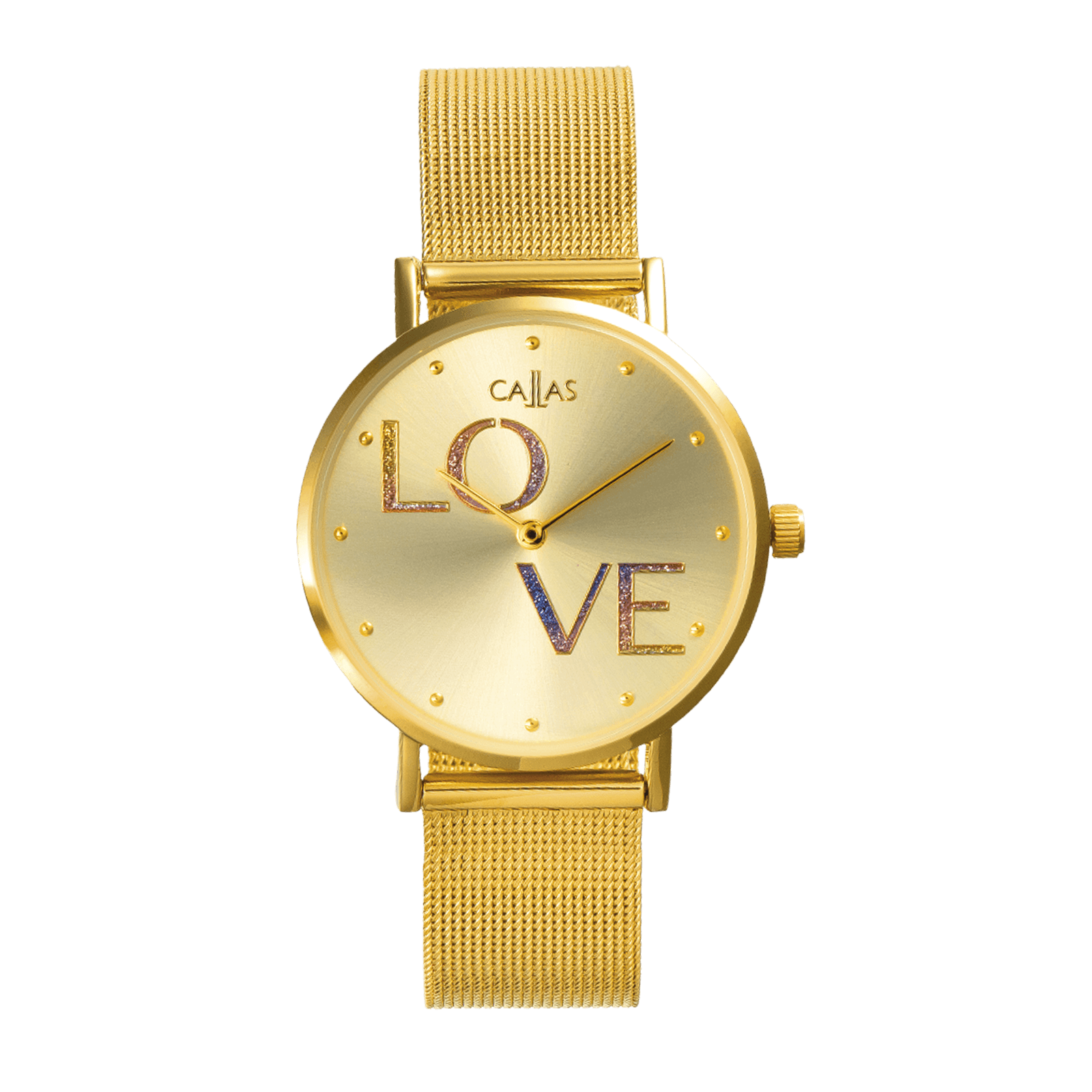 montre callas bracelet maille milanaise acier doré cadran love rainbow 3 atm