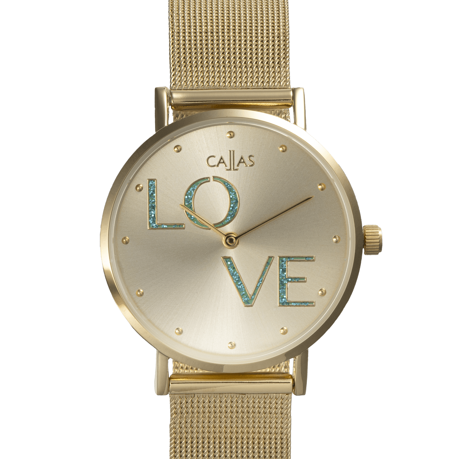 montre callas bracelet maille milanaise acier doré cadran love turquoise 3 atm