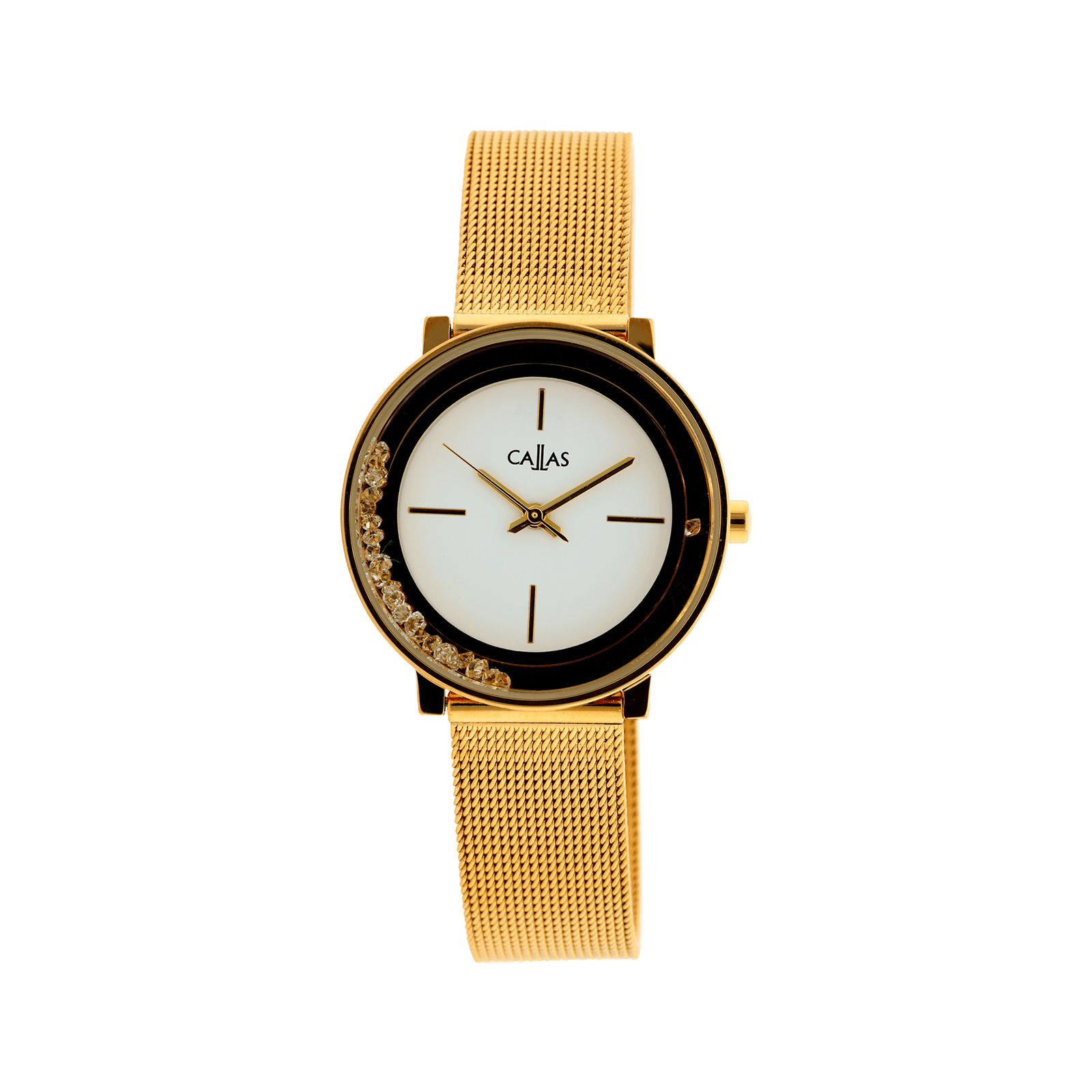 montre Callas 31mm Bracelet maille milanaise Acier doré Cadran blanc lunette avec pierres mobiles 3 atmosphères