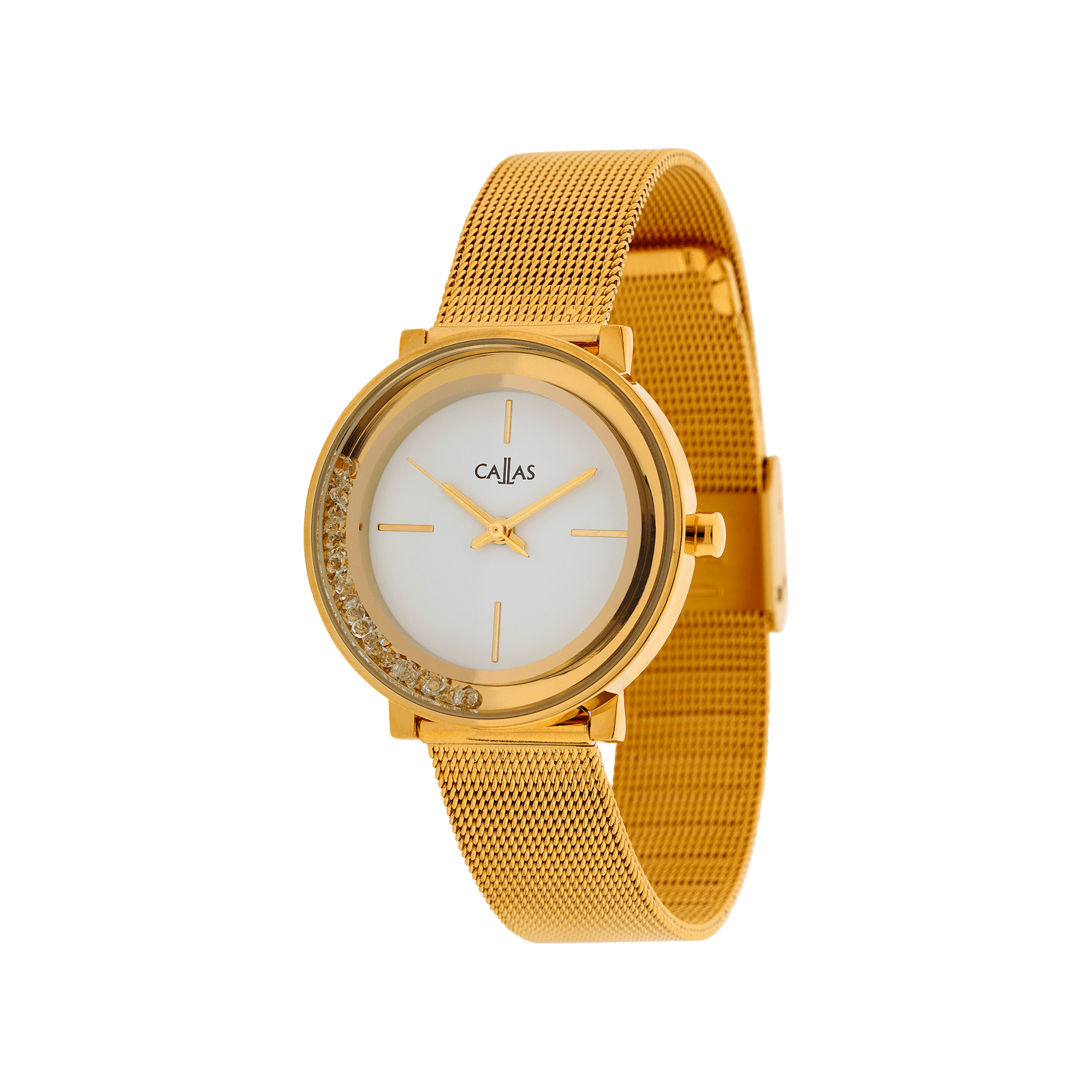 montre Callas 31mm Bracelet maille milanaise Acier doré Cadran blanc lunette avec pierres mobiles 3 atmosphères