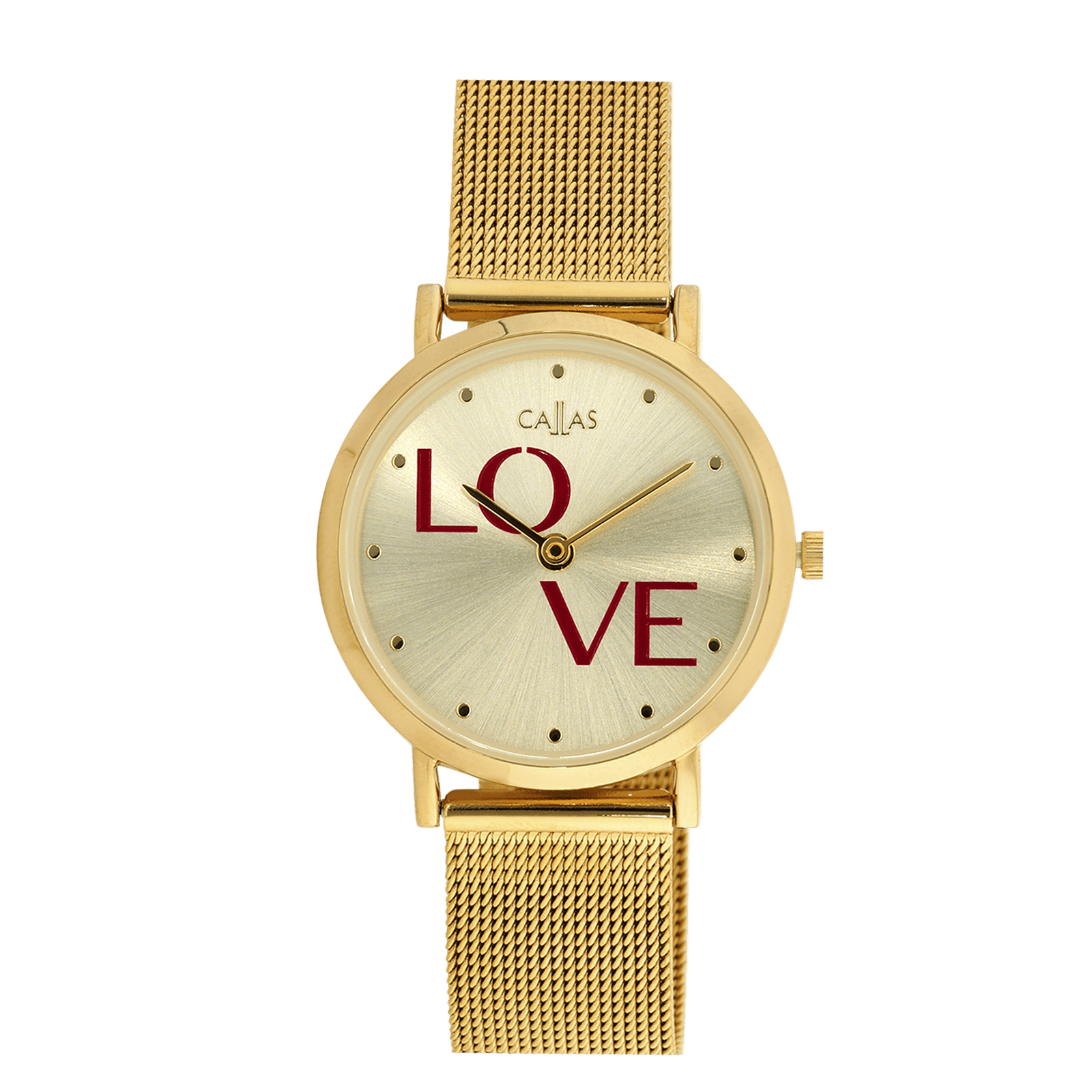 Montre Callas 29 millimètres Bracelet maille milanaise Acier doré cadran champagne sunray Love rouge 3 atmosphères