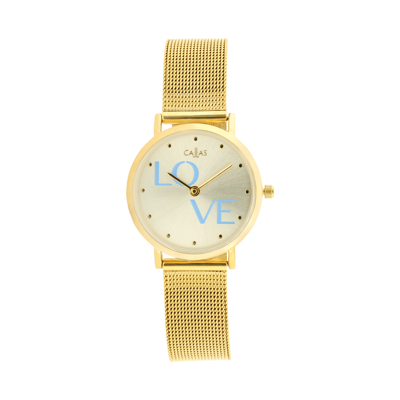montre Callas 29mm Bracelet maille milanaise Acier doré cadran champagne sunray Love bleu 3 atmosphères