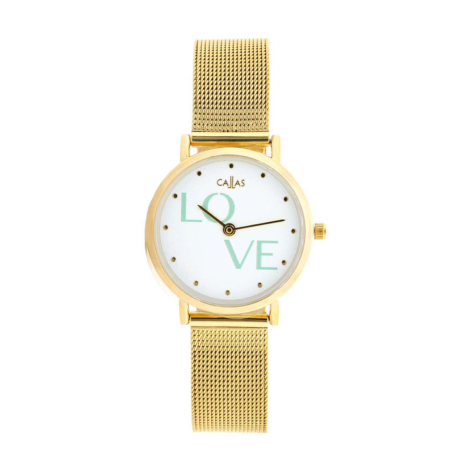 Montre Callas 29 millimètres Bracelet maille milanaise Acier doré Cadran blanc Love vert 3 atmosphères