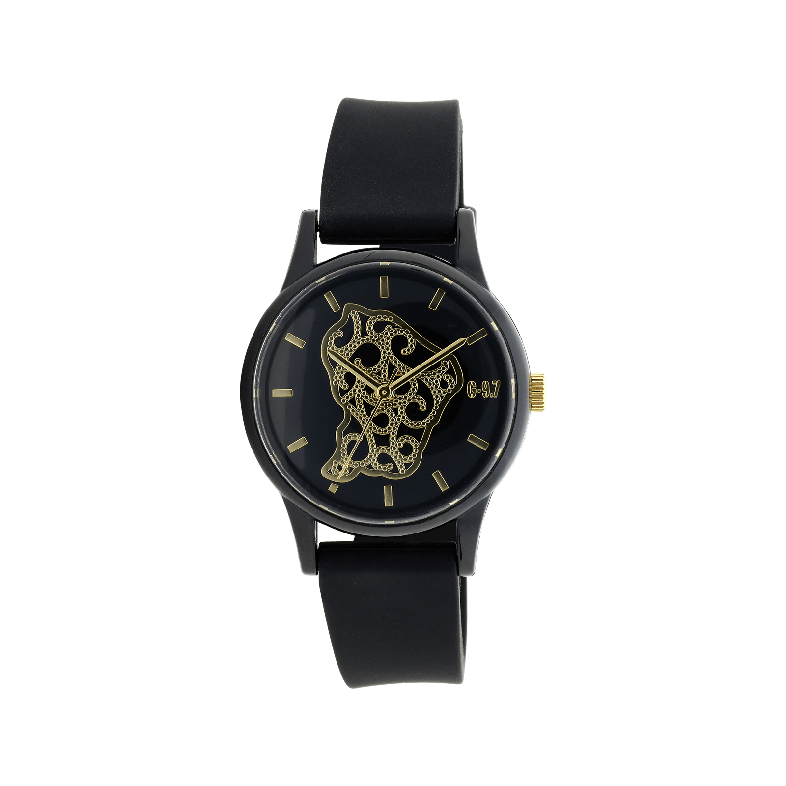 Montre G97 plastique noir 33mm cadran noir et carte Guyane filigrane Acier doré 5 atm