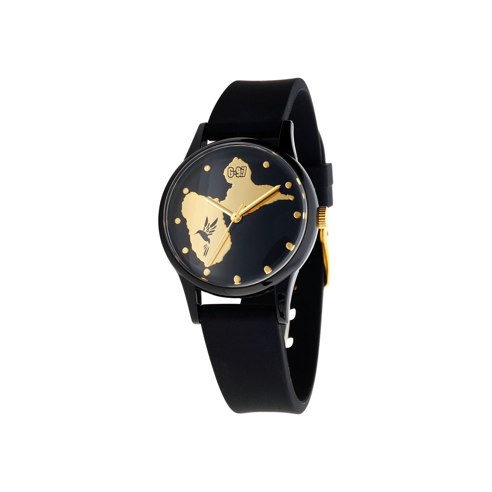 Montre Unisexe G97 33mm Cadran Noir Carte Guadeloupe Doré Bracelet Plastique Noir 16mm 5ATM