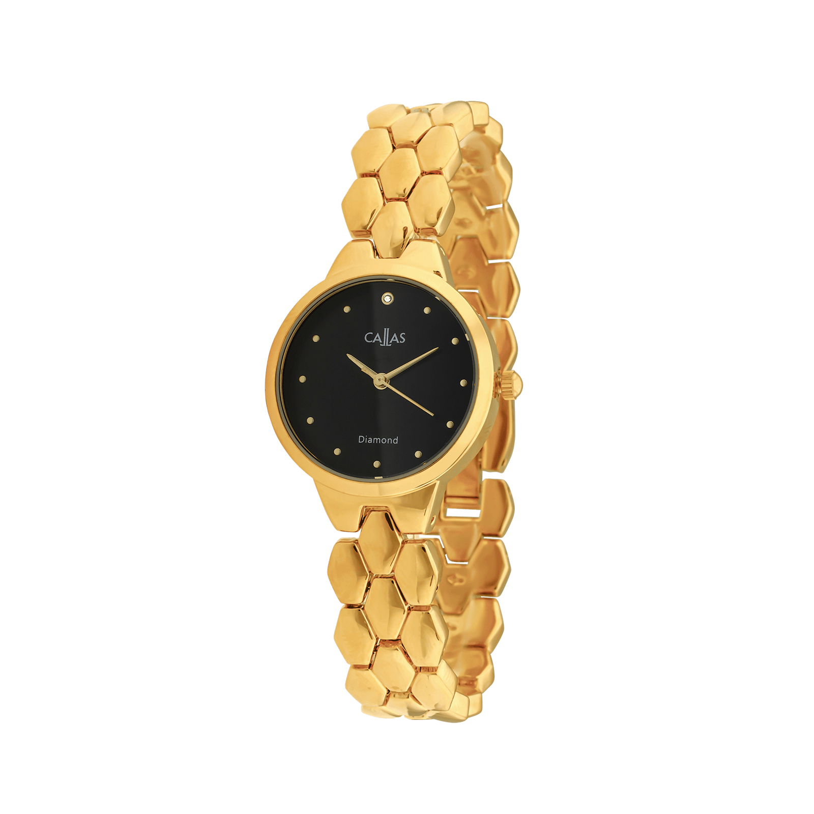 montre dame callas 28mm bracelet métal acier doré cadran noir 1 index diamant 3 atm