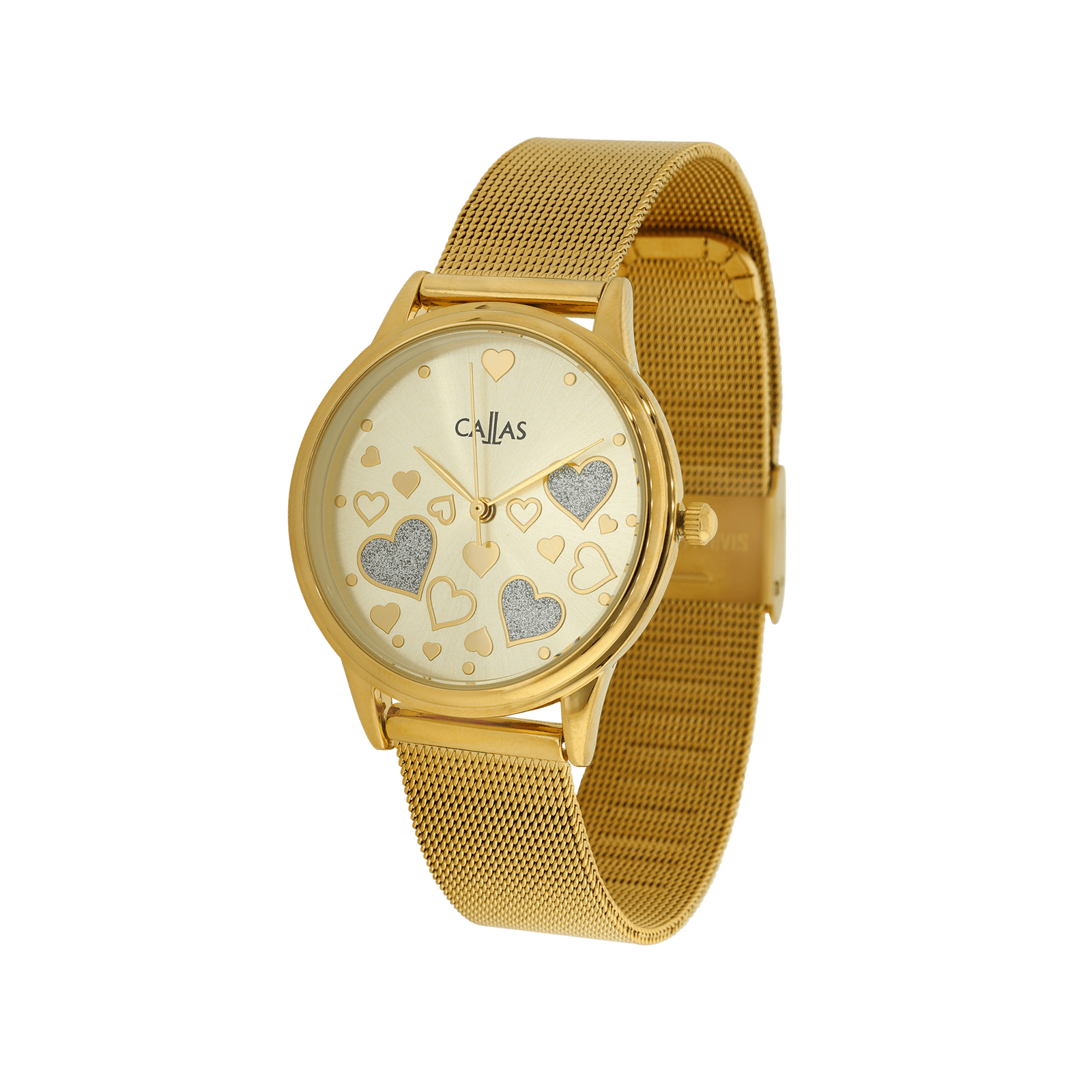 montre dame callas 34mm bracelet maille milanaise acier doré cadran champagne coeur et paillettes 3 atm