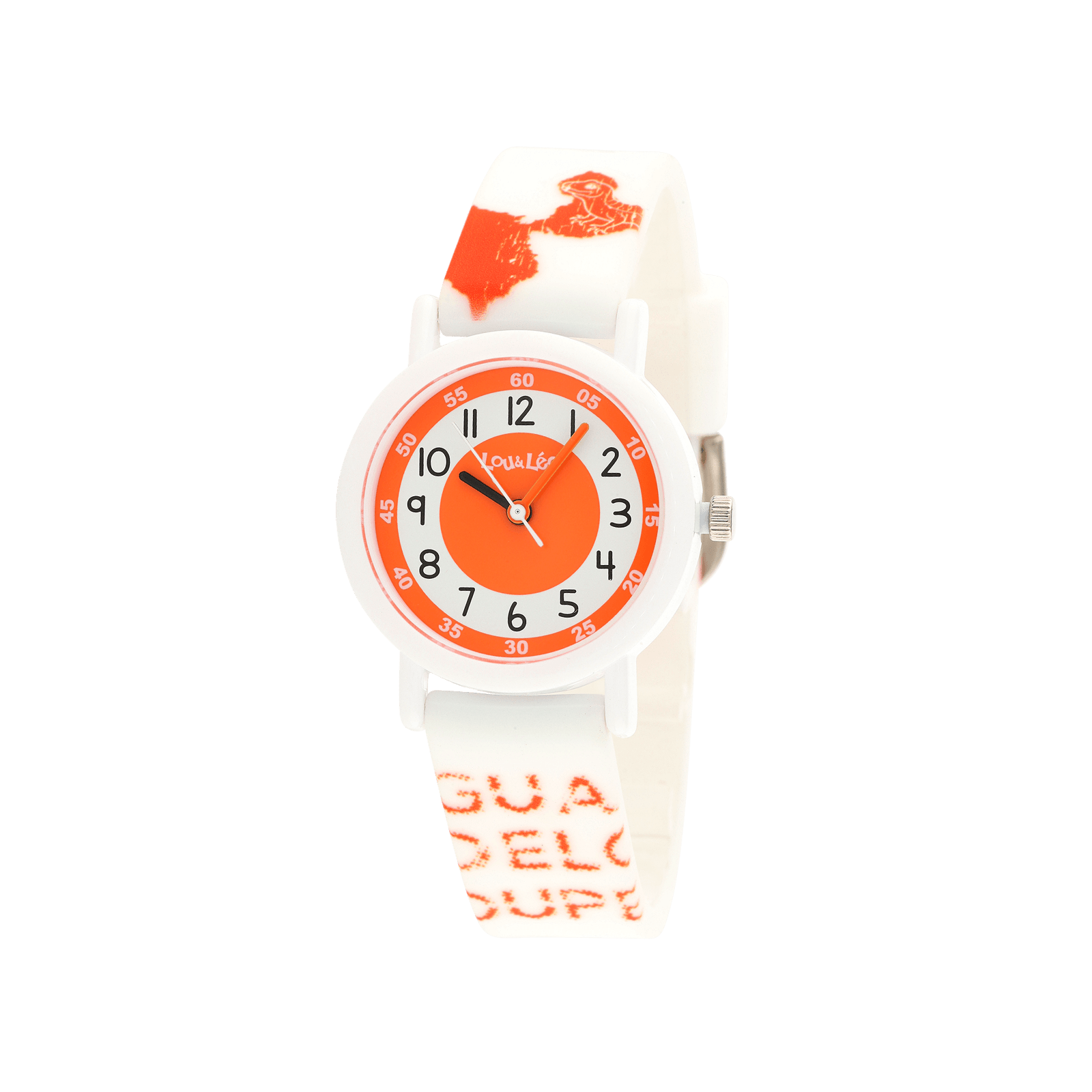 MONTRE ENFANT LOU&LEO BOITE PLASTIQUE BLANCHE CADRAN ORANGE & BLANC BRACELET PLAST IQUE BLANC CARTE GUADELOUPE ORANGE 3ATM