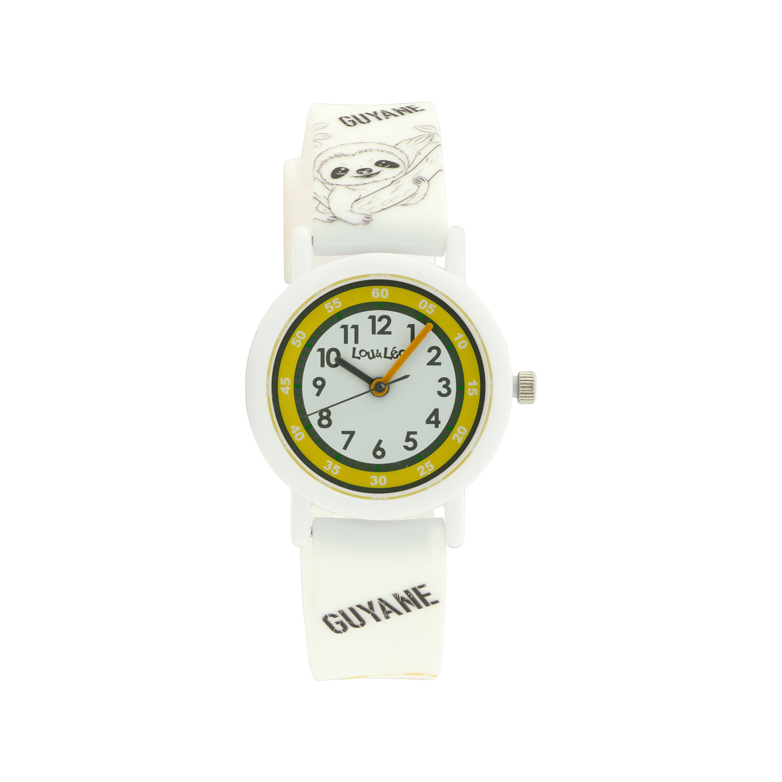 MONTRE ENFANT LOU&LEO BOITE PLASTIQUE BLANCHE CADRAN JAUNE & BLANC BRACELET PLASTIQUE BLANC PARESSEUX 3ATM