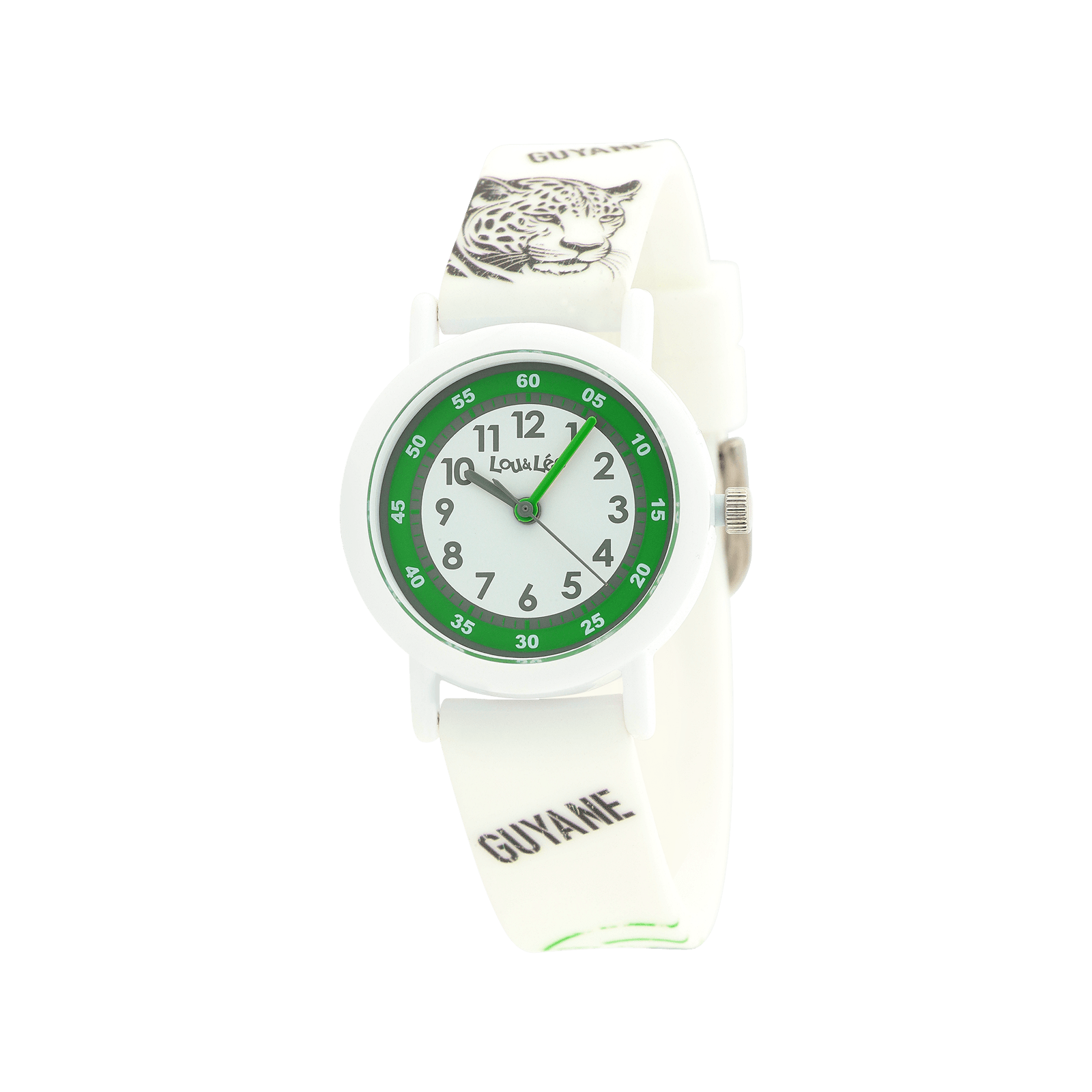 MONTRE ENFANT LOU&LEO BOITE PLASTIQUE BLANCHE CADRAN VERT & BLANC BRACELET PLASTIQUE BLANC JAGUAR 3ATM