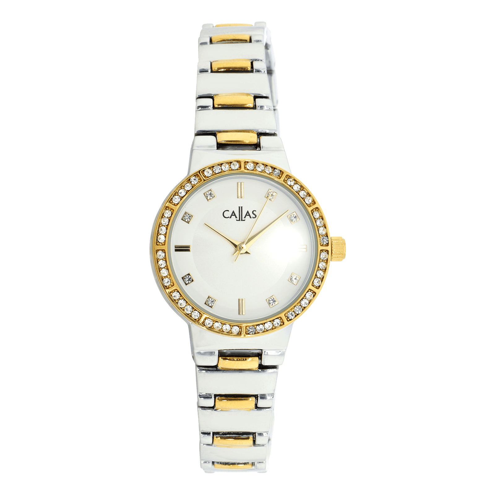 Montre Callas 28 millimètres Bracelet métal ips/Acier doré Cadran blanc et Argent sunray index bâton et pierre 3 atm