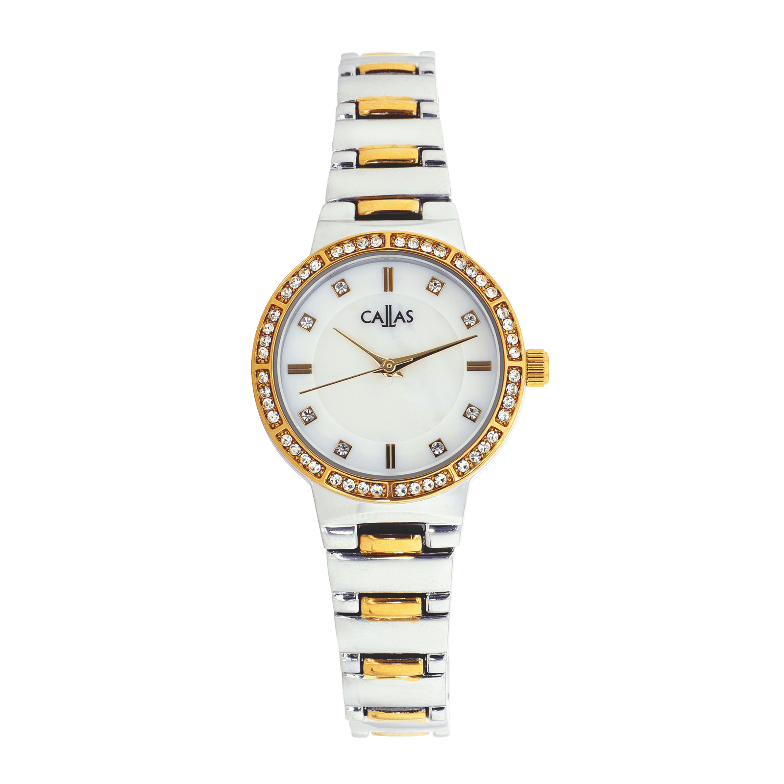 Montre Callas 28 millimètres Bracelet métal ips Acier doré Cadran blanc et nacre bâton et pierre 3 atm