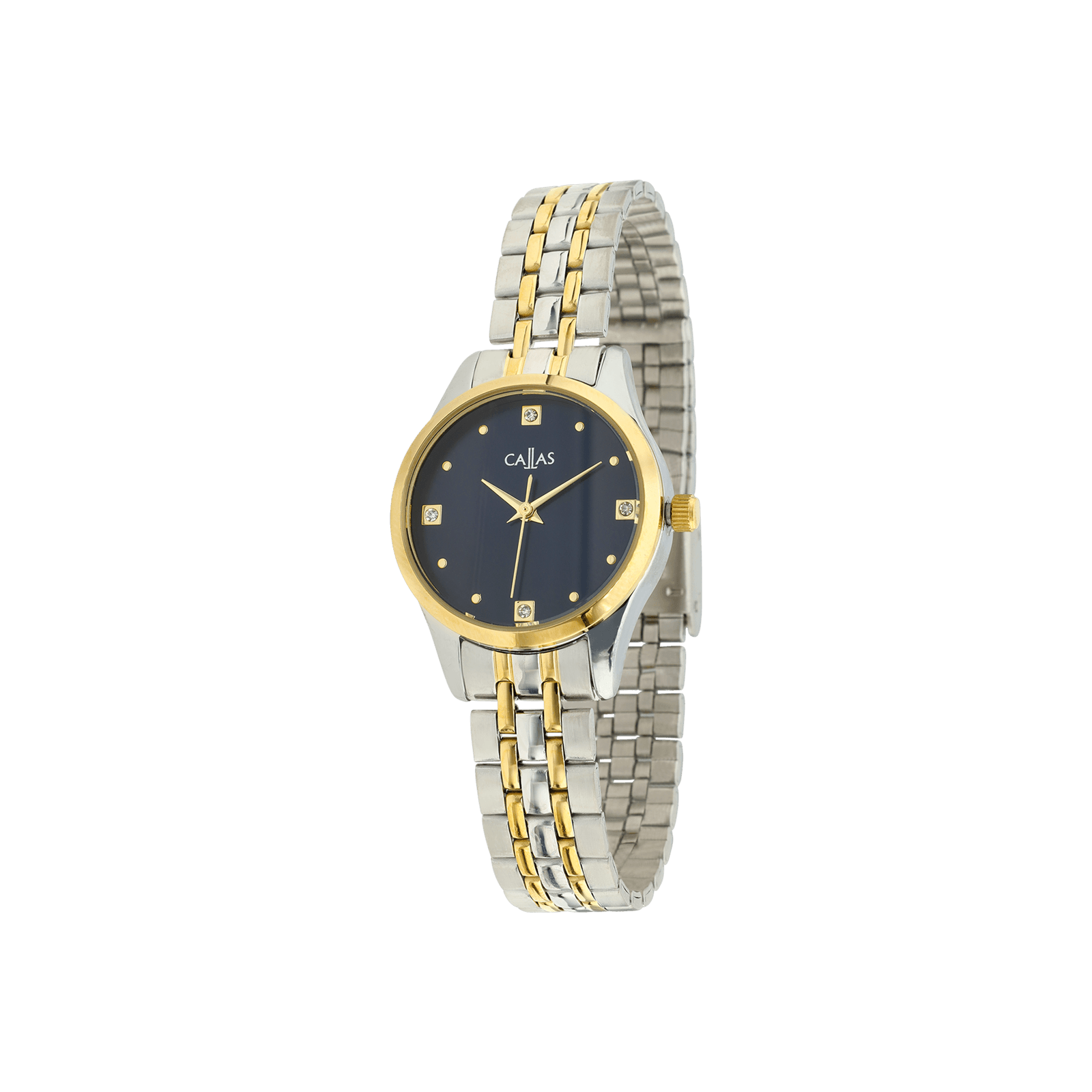 Montre Callas 26 millimètres Bracelet ips/Acier doré Cadran bleu sunray quatre index pierres 3 atm
