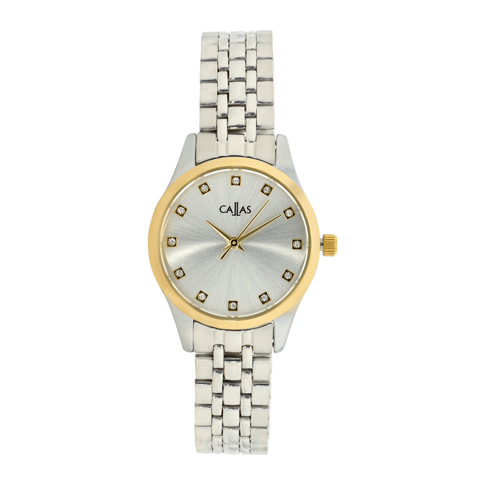 Montre Callas 26 millimètres Bracelet ips Lunette Acier doré Cadran Argent sunray index pierres 3 atm