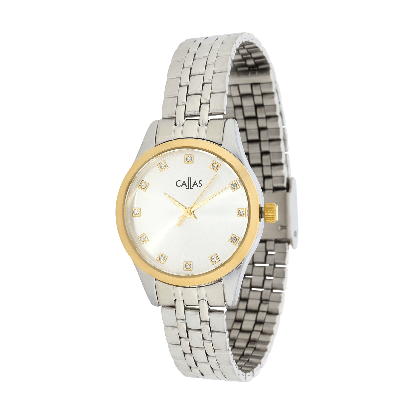 Montre Callas 26 millimètres Bracelet ips Lunette Acier doré Cadran Argent sunray index pierres 3 atm
