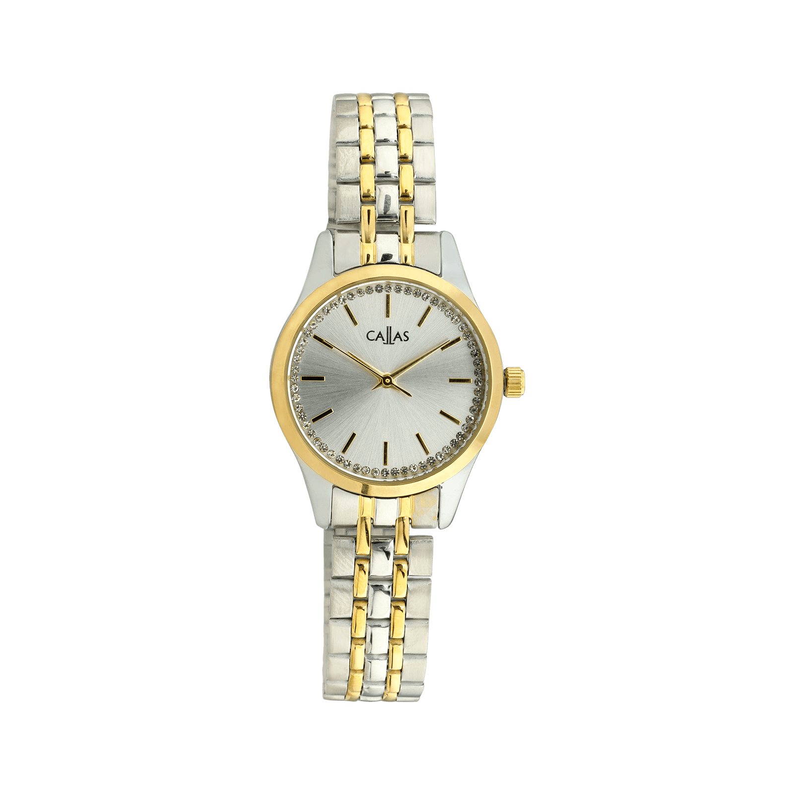montre callas 26mm bracelet ips acier doré lunette doré cadran argent sunray sertie oxyde de zirconium 3 atm