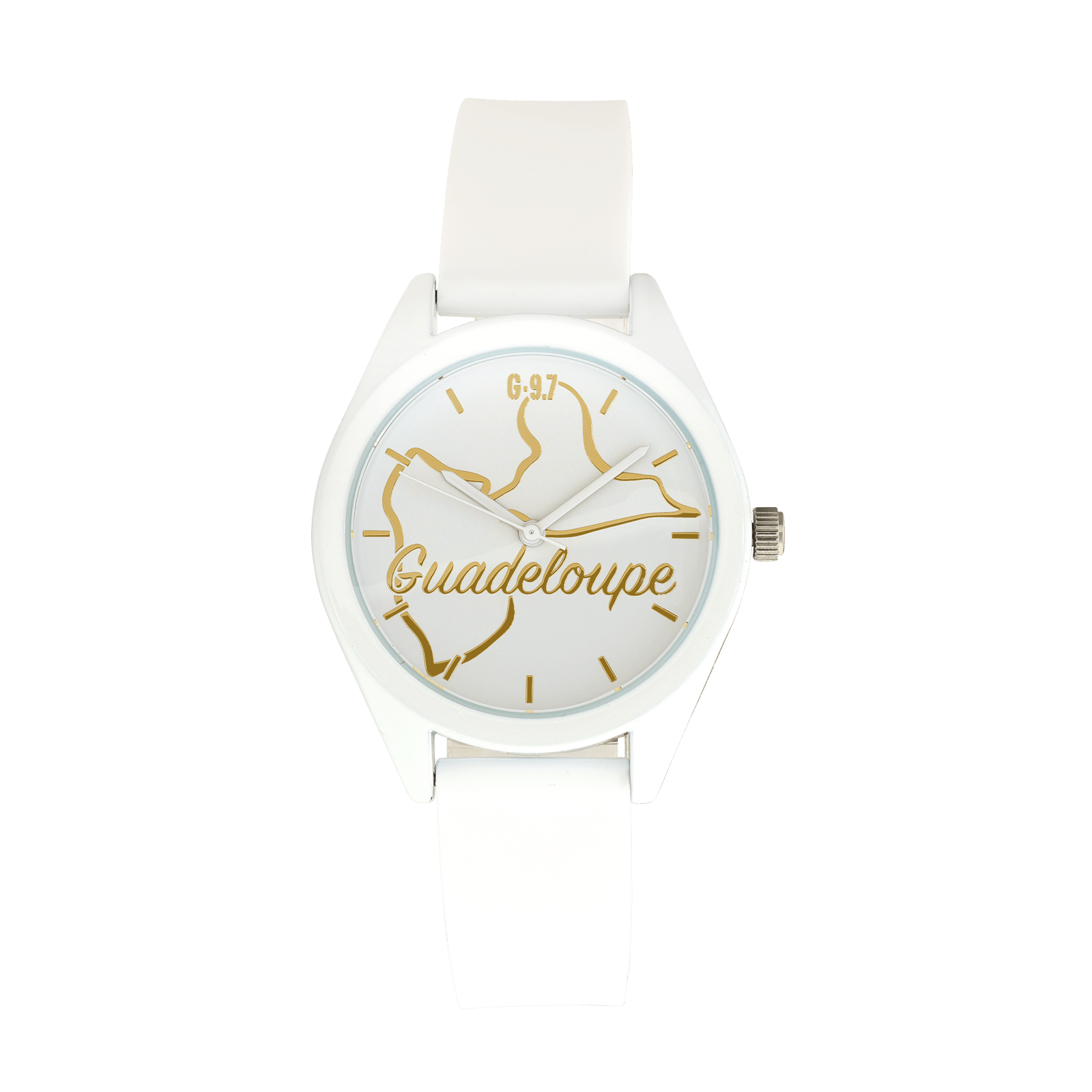 montre femme g97 carte guadeloupe dorée cadran blanc 36mm brac silicone 15.5mm 3atm