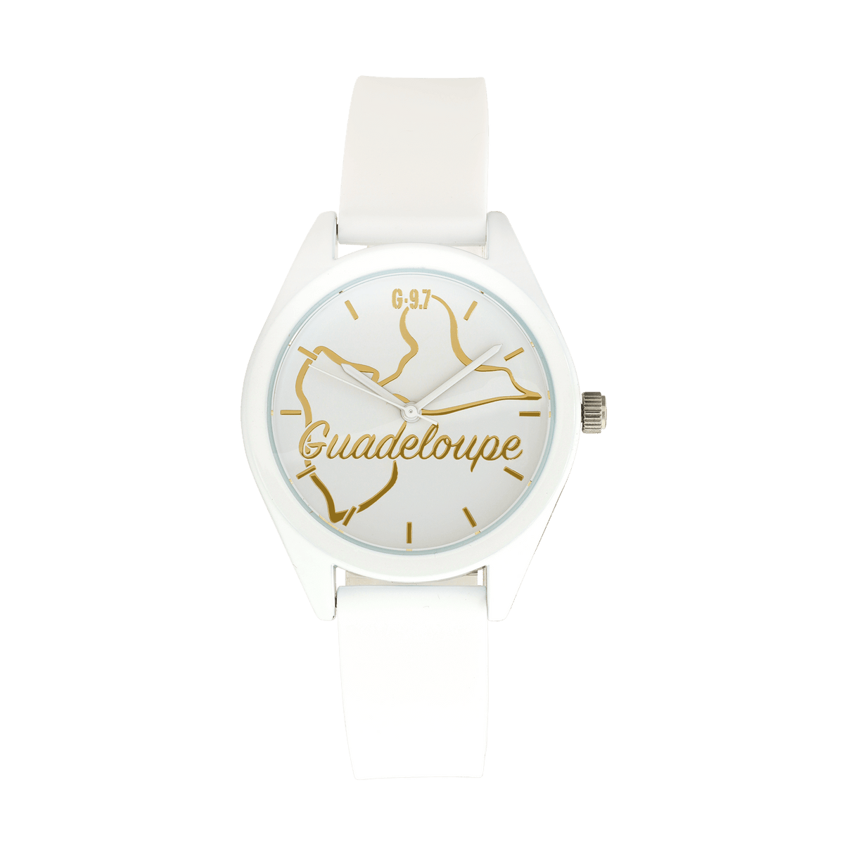 Montre Femme G97 Carte Guadeloupe Dorée Cadran Blanc 36mm Brac Silicone Blanc 15.5mm 3ATM