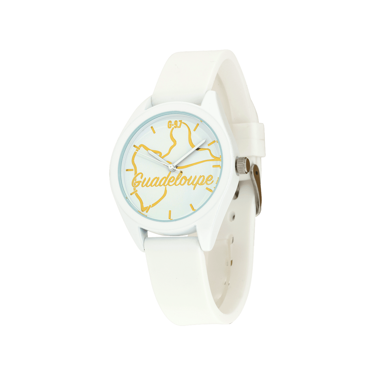 Montre Femme G97 Carte Guadeloupe Dorée Cadran Blanc 36mm Brac Silicone Blanc 15.5mm 3ATM
