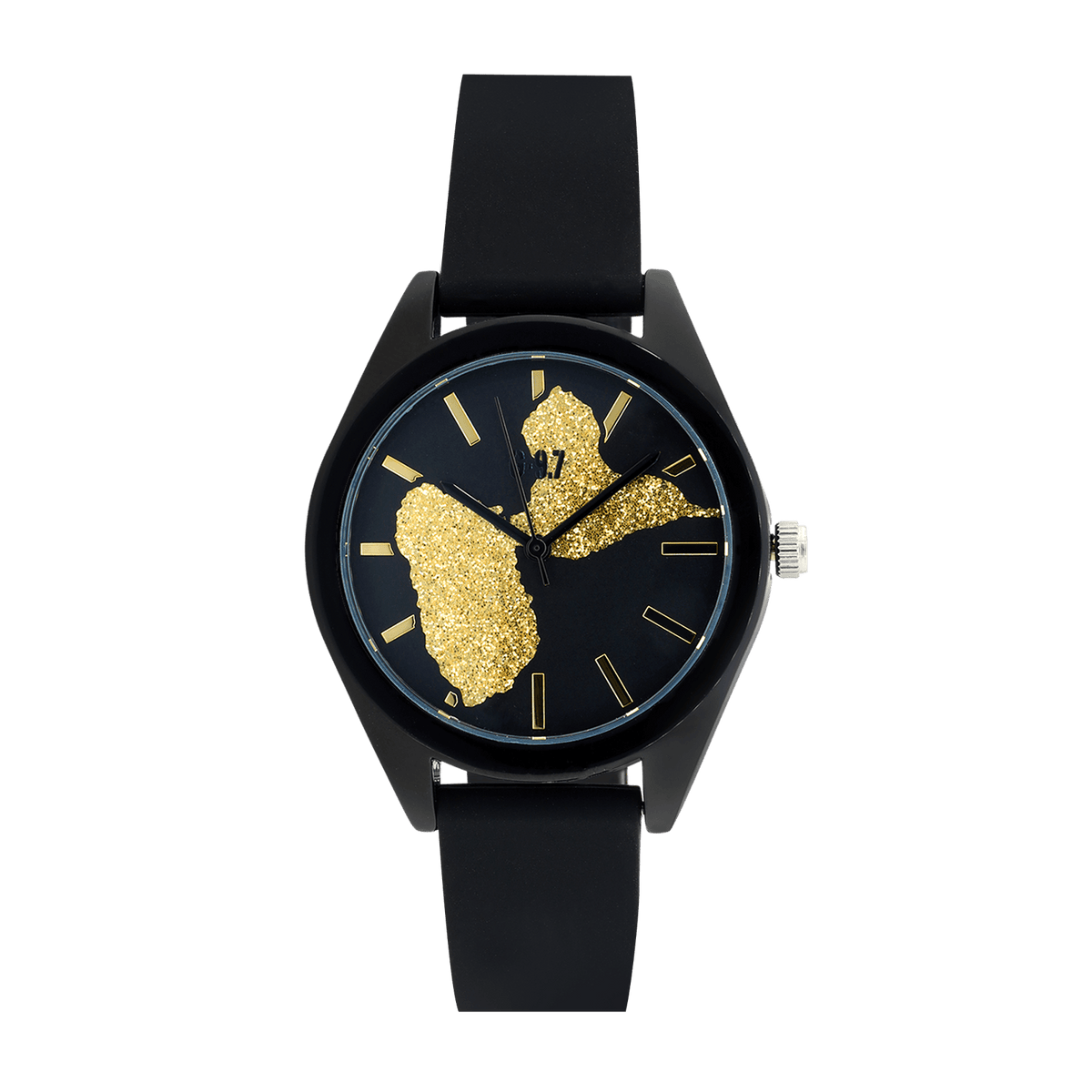 Montre Unisexe G97 Carte Guadeloupe Dorée Cadran Noir 36mm Brac Silicone Noir 15.5mm 3ATM