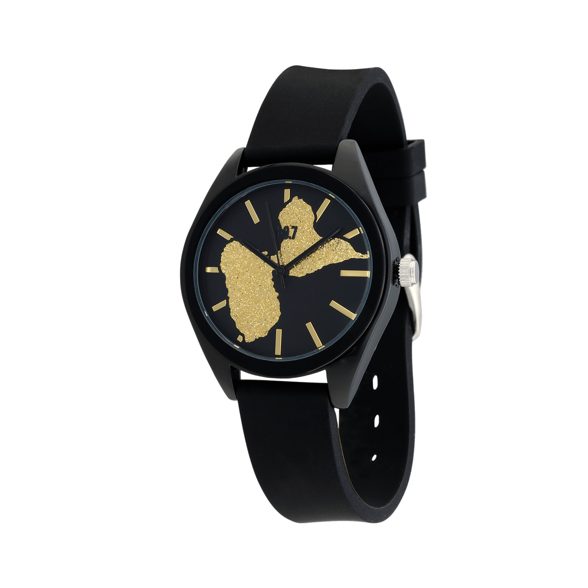 Montre Unisexe G97 Carte Guadeloupe Dorée Cadran Noir 36mm Brac Silicone Noir 15.5mm 3ATM