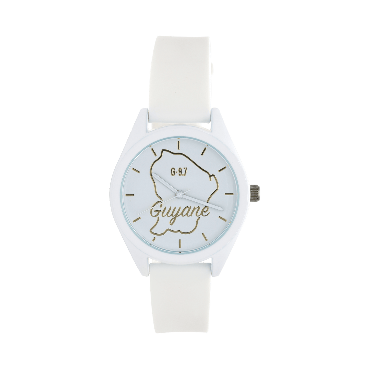 Montre Femme G97 Carte Guyane Dorée Cadran Blanc 36mm Bracelet Silicone Blanc 15.5mm 3ATM