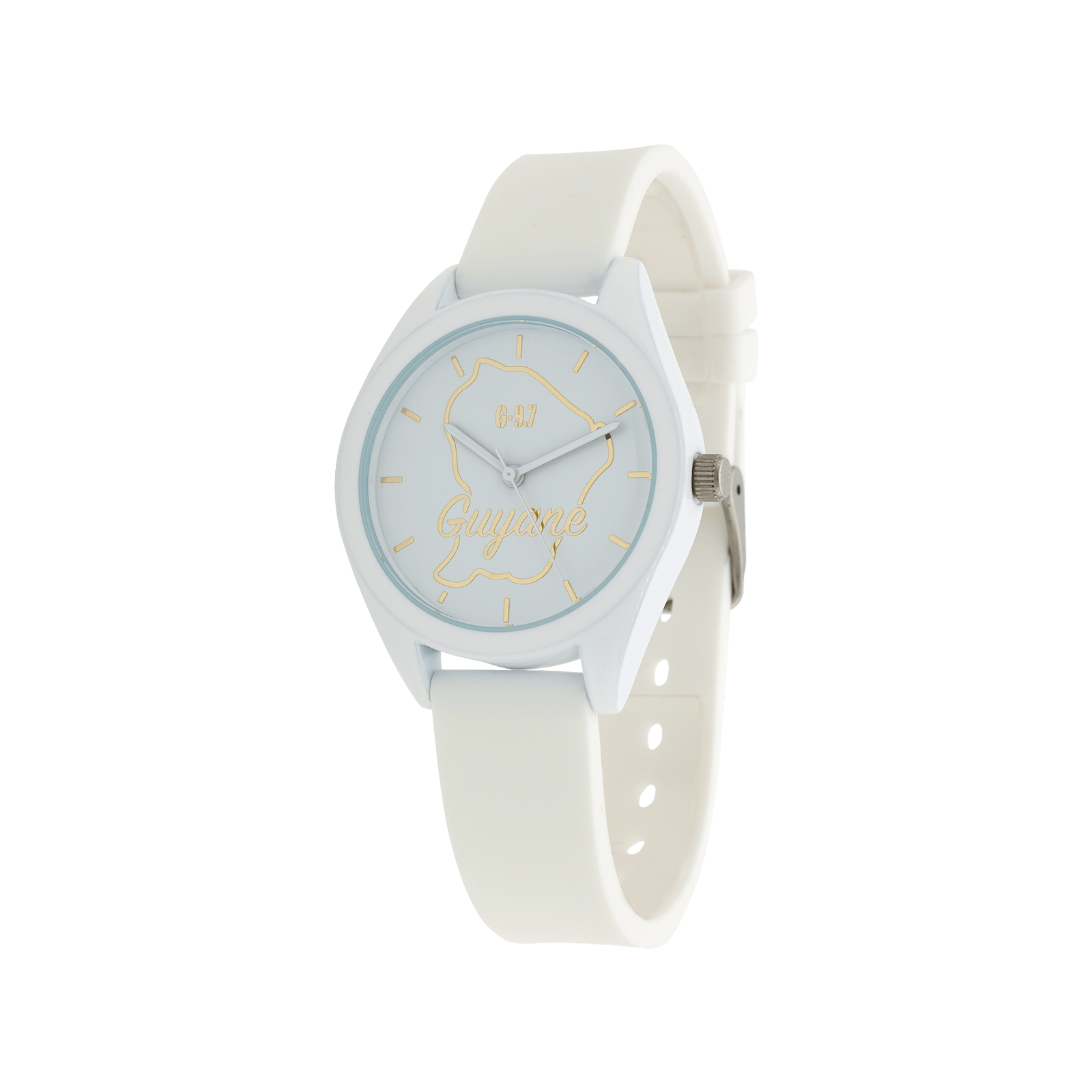 montre femme G97 carte guyane dorée cadran blanc 36mm bracelet silicone
