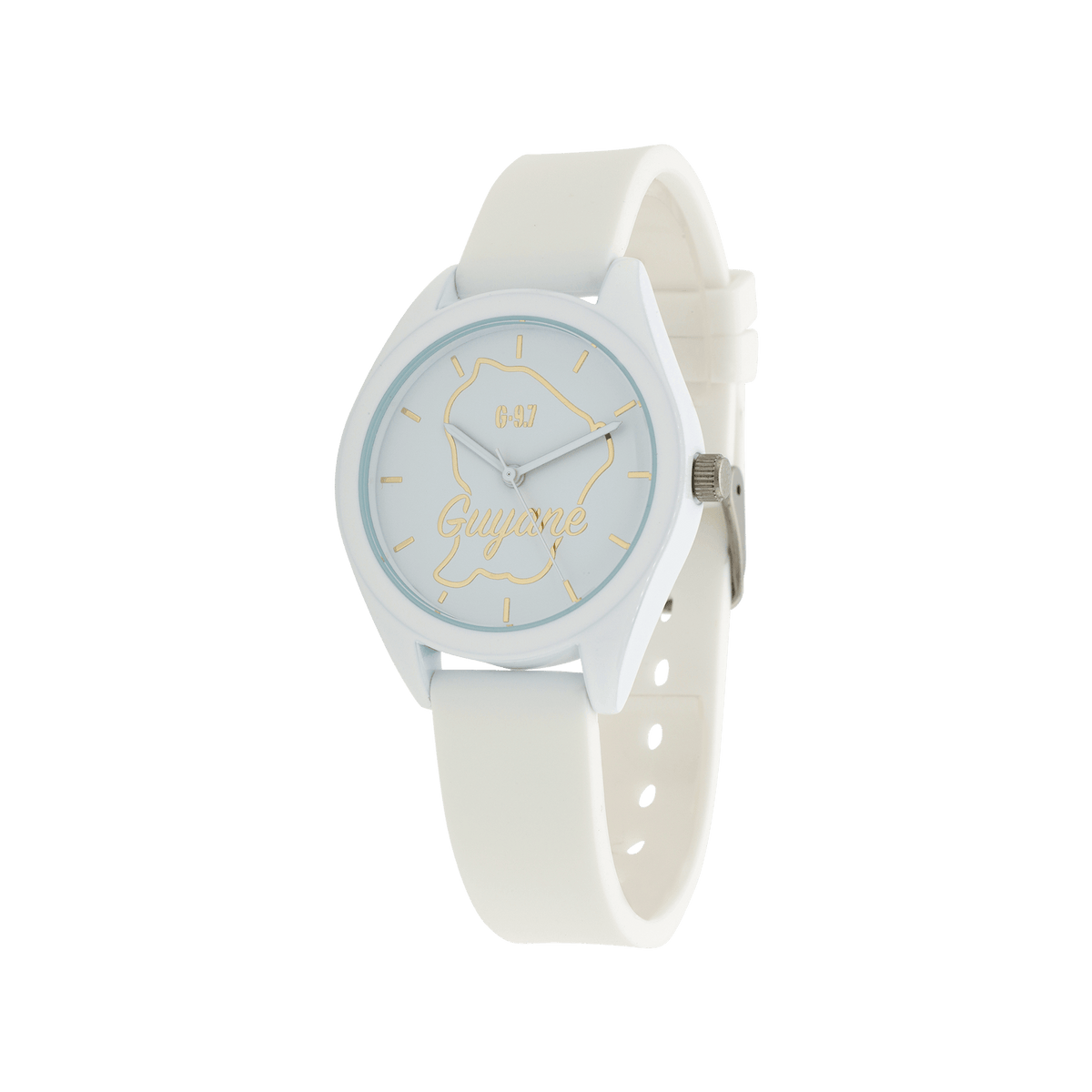 Montre Femme G97 Carte Guyane Dorée Cadran Blanc 36mm Bracelet Silicone Blanc 15.5mm 3ATM