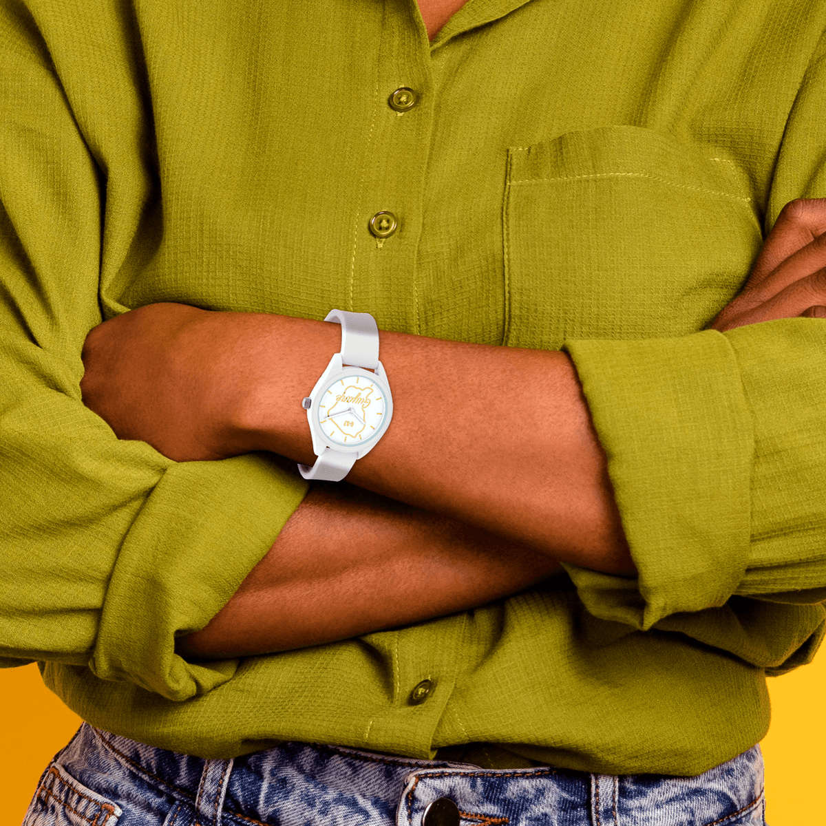 Montre Femme G97 Carte Guyane Dorée Cadran Blanc 36mm Bracelet Silicone Blanc 15.5mm 3ATM