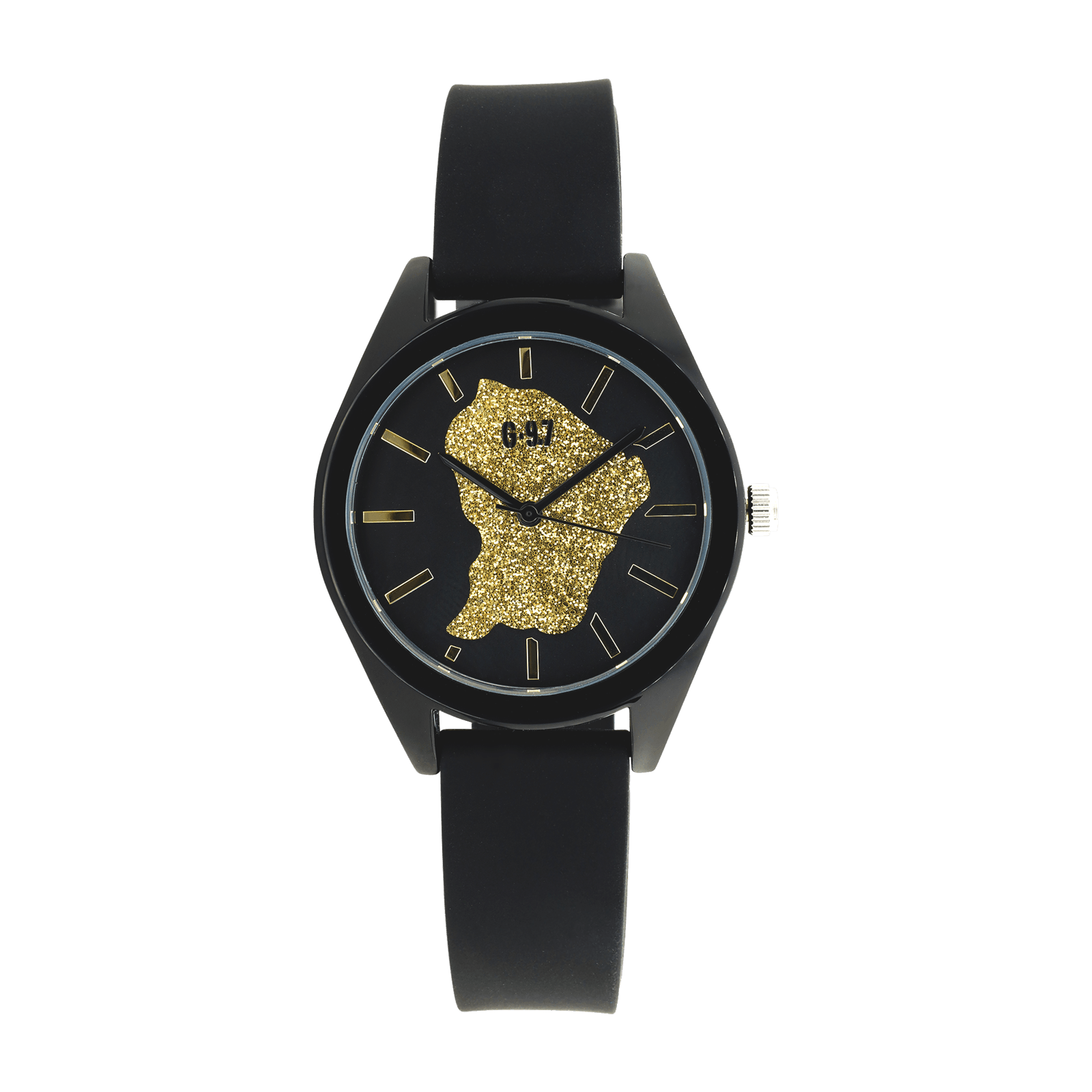 Montre Femme G97 Carte Guyane Dorée Cadran noir 36mm Bracelet Silicone noir 15.5mm 3ATM