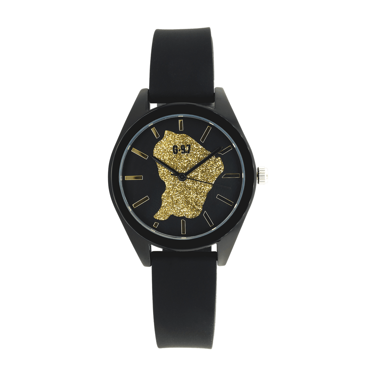 Montre Femme G97 Carte Guyane Dorée Cadran Noir 36mm Bracelet Silicone Noir 15.5mm 3ATM