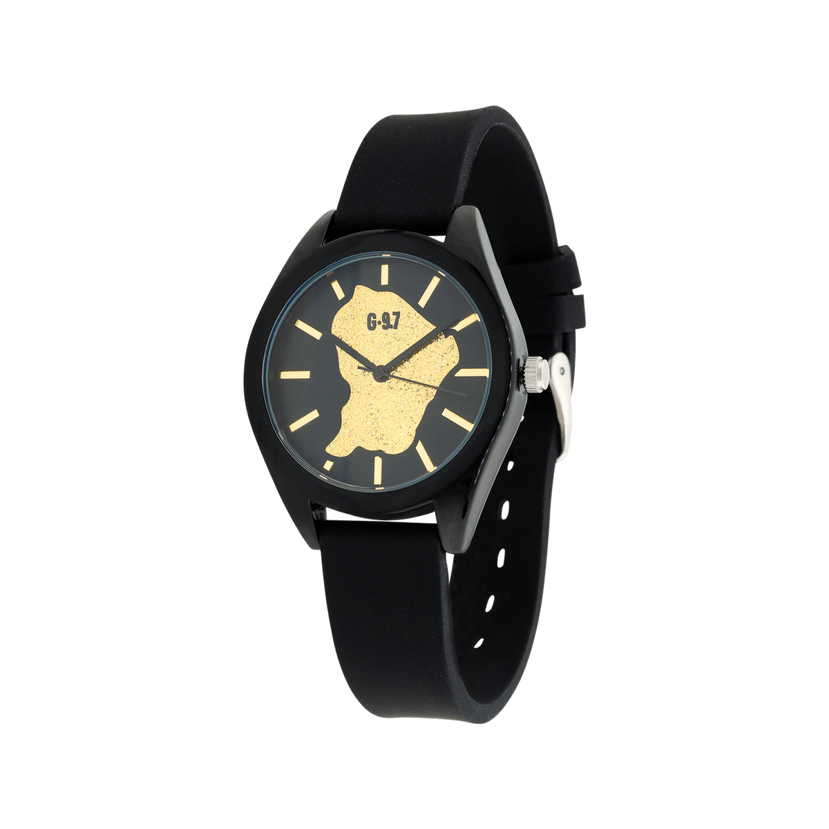 Montre Femme G97 Carte Guyane Dorée Cadran Noir 36mm Bracelet Silicone Noir 15.5mm 3ATM