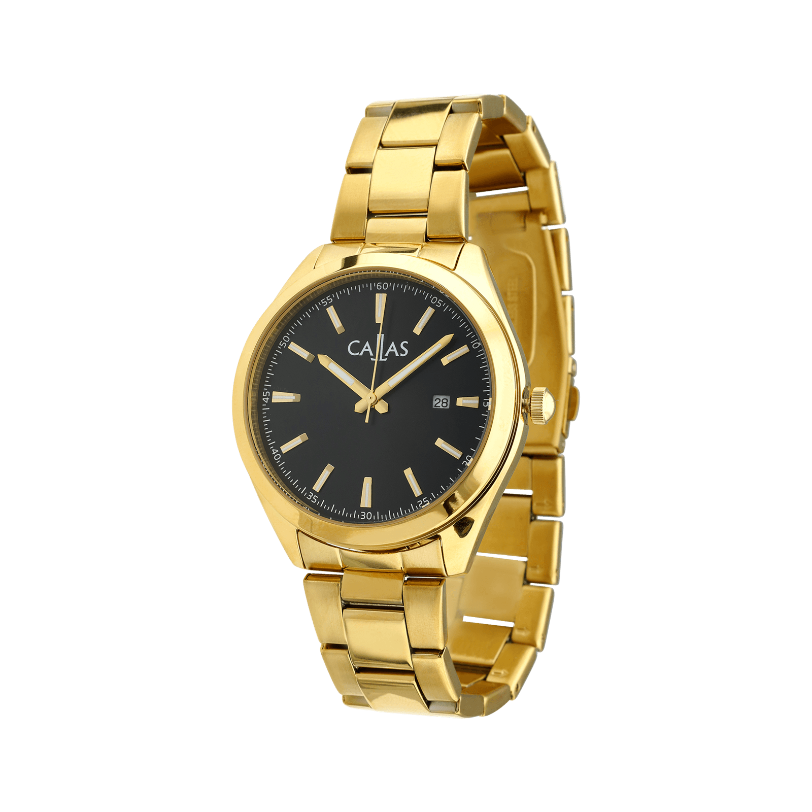 montre callas 40 mm boîtier acier date bracelet doré cadran noir 5 atm
