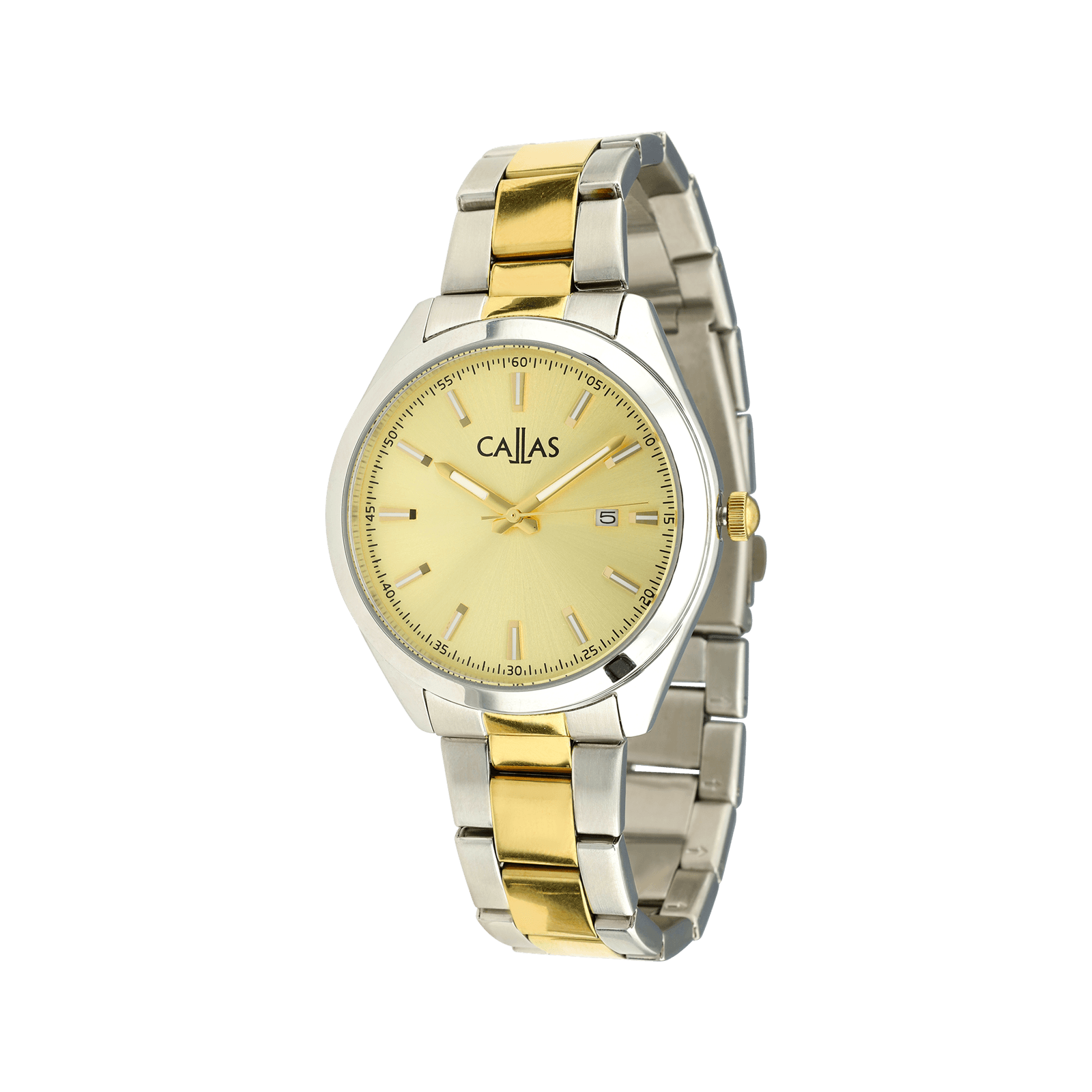 Montre Callas 40 millimètres boîtier acier date bracelet ips/Acier doré cadran champagne sunray 5 atmosphères