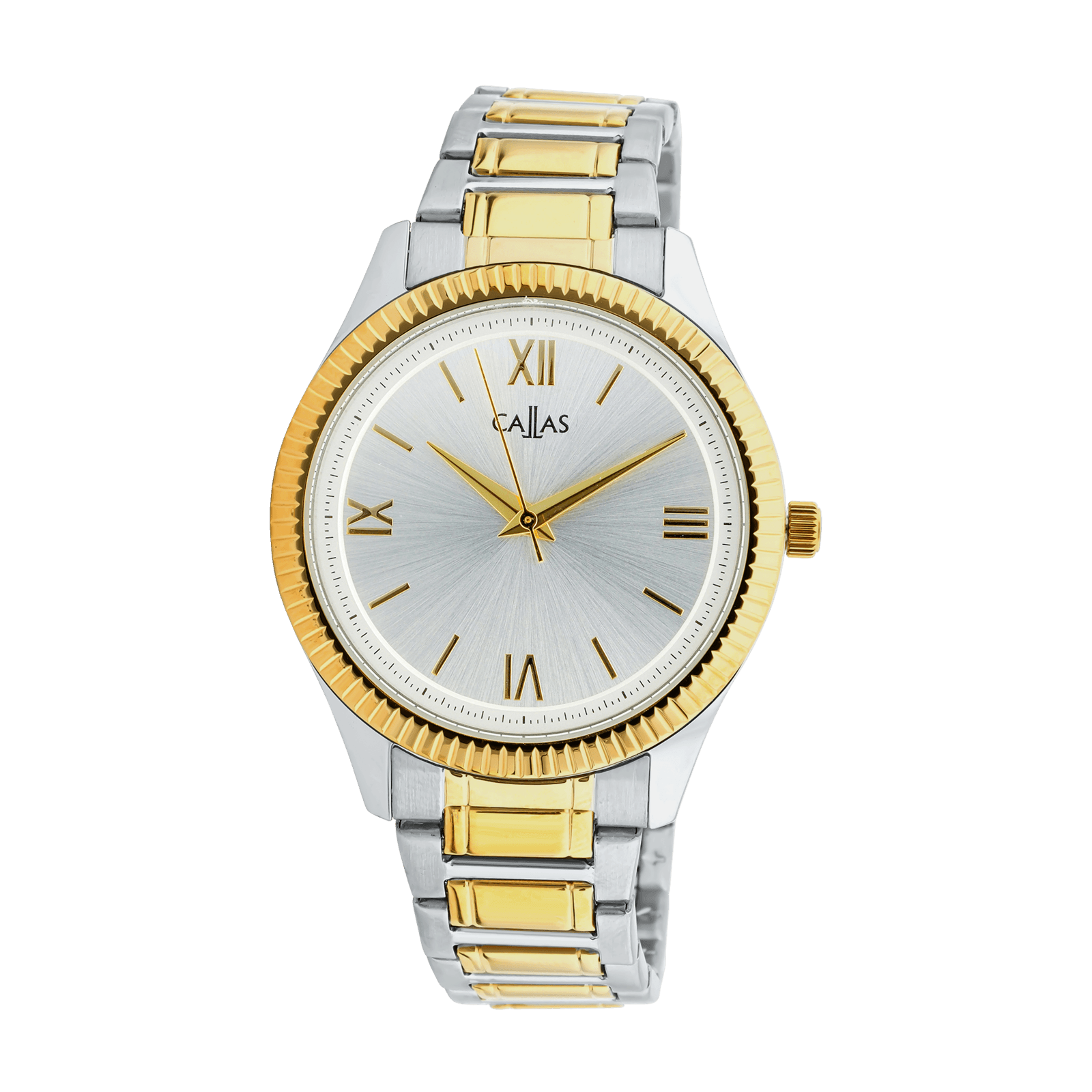 montre callas 40 mm acier bracelet métal ips doré cadran argent sunray 5 atm