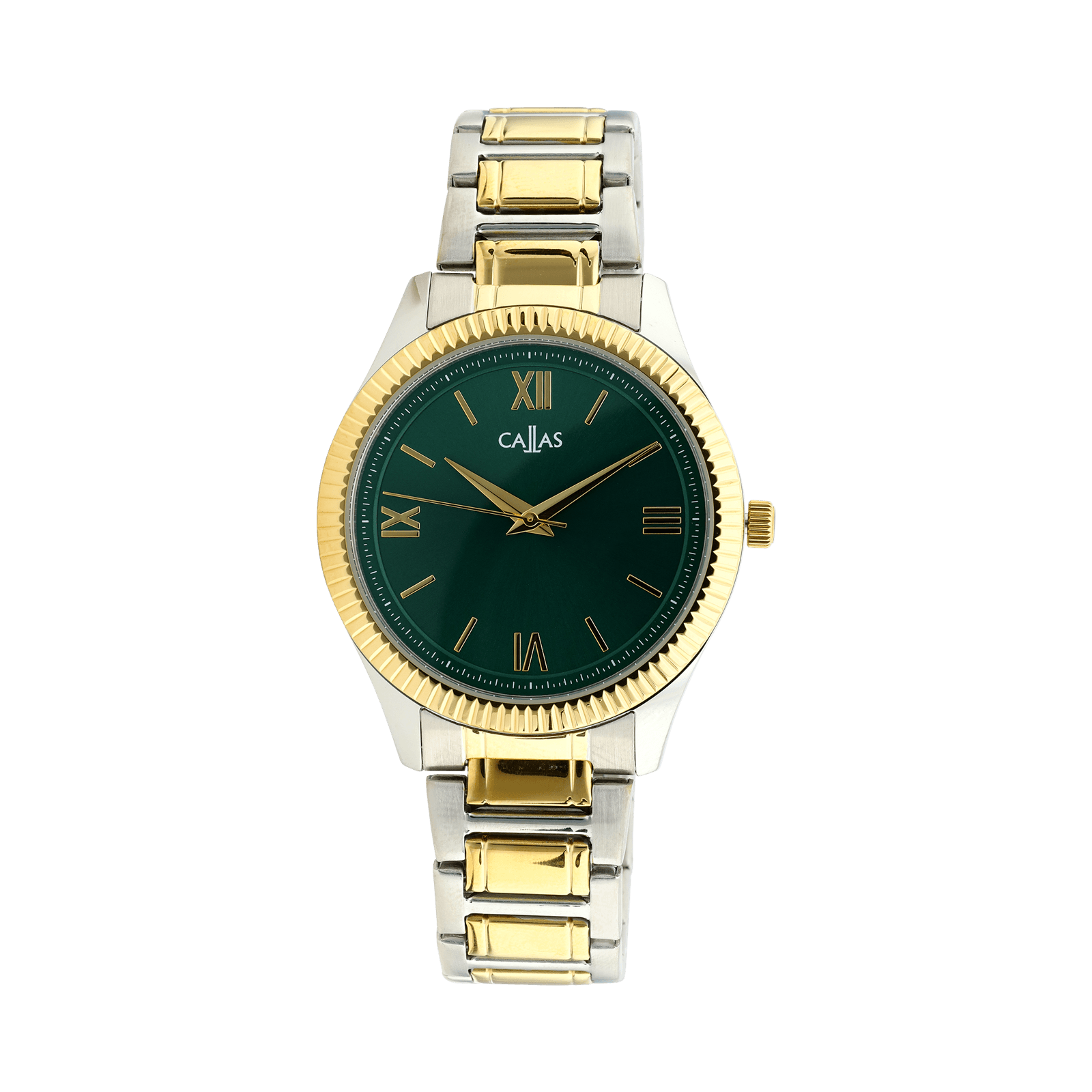 montre callas 40 mm acier bracelet métal ips doré cadran vert sunray 5 atm