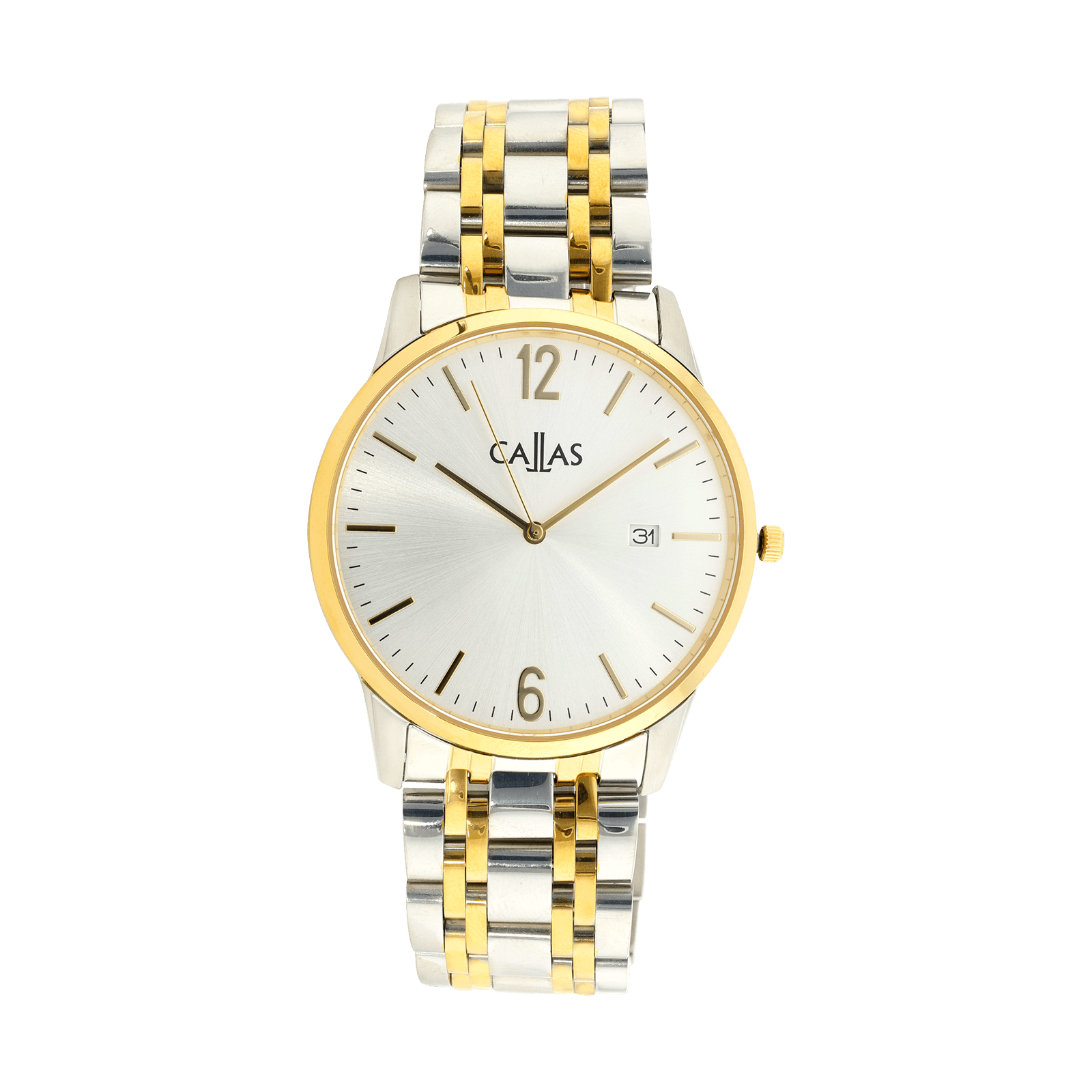 montre callas 40.5mm acier date bracelet ips/acier doré lunette doré cadran argent sunray 5 atm