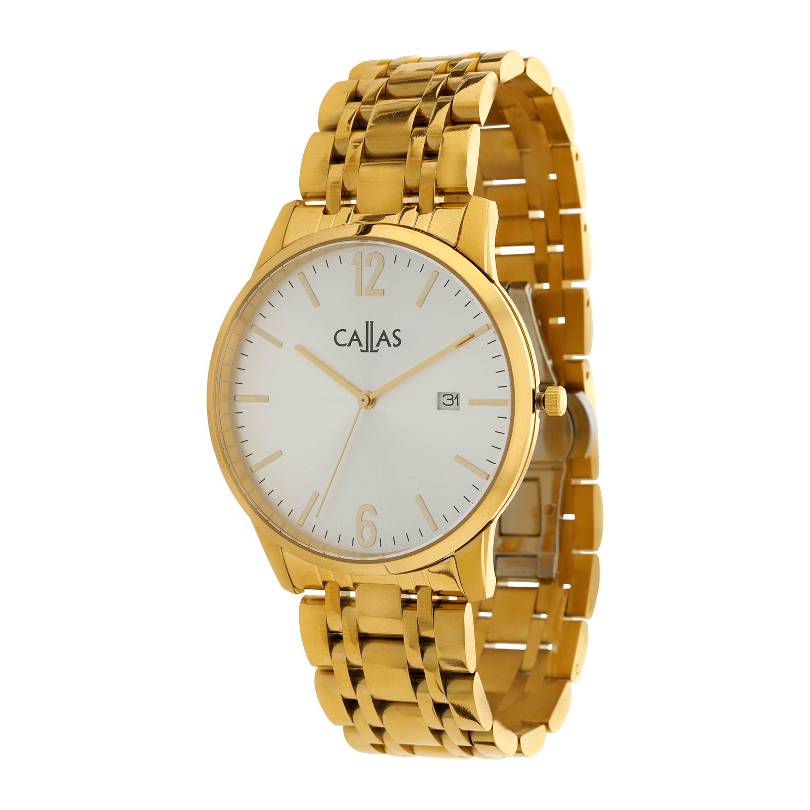 montre callas 40.5mm acier date bracelet doré cadran argent sunray 5 atm