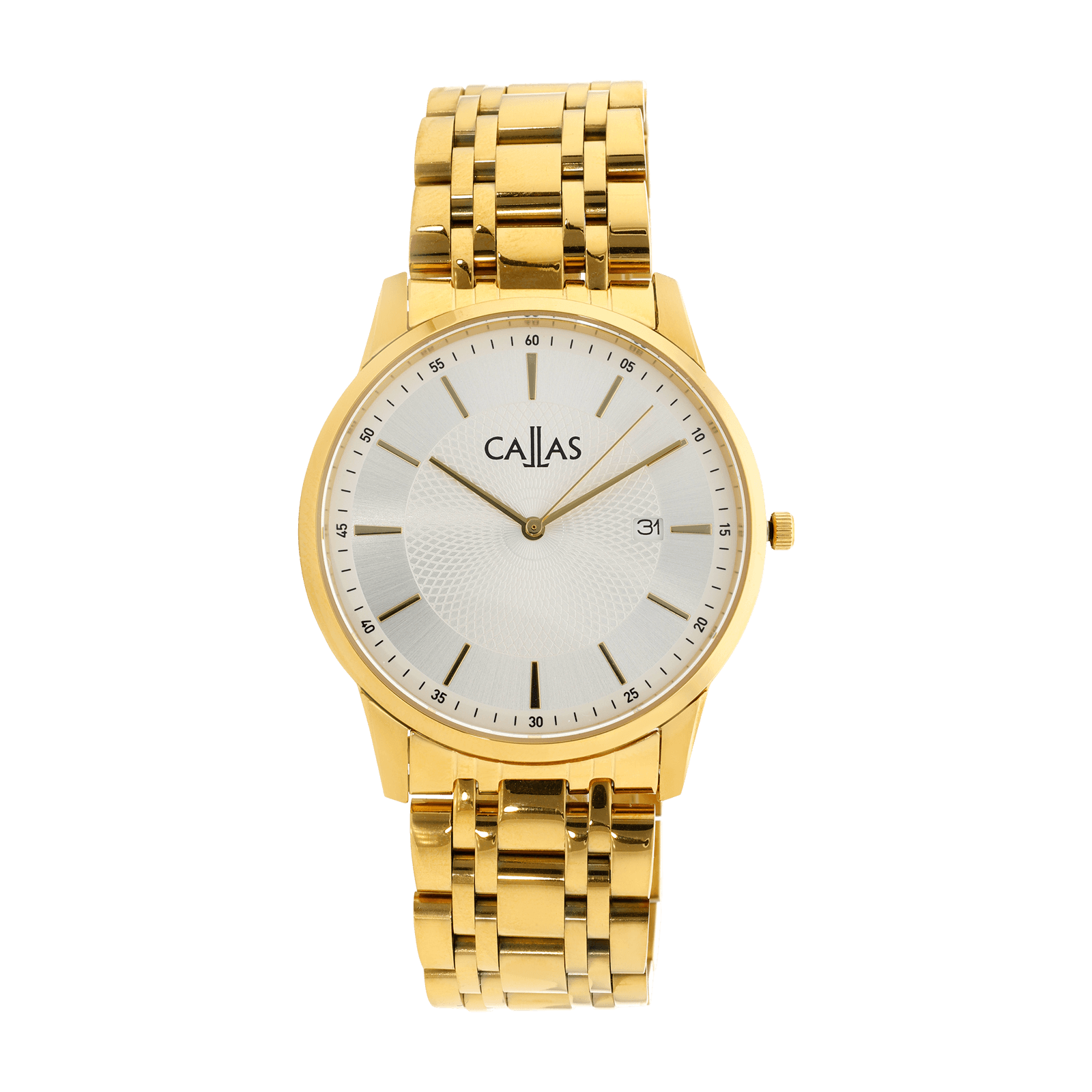 montre callas 40.5mm acier date bracelet doré argent sunray gravée 5 atm