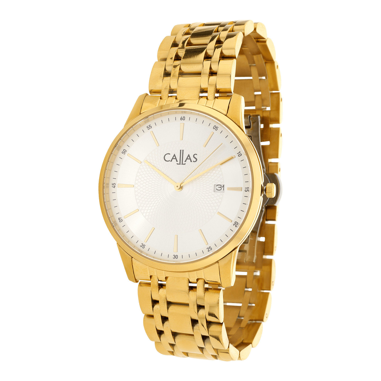 montre callas 40.5mm acier date bracelet doré argent sunray gravée 5 atm