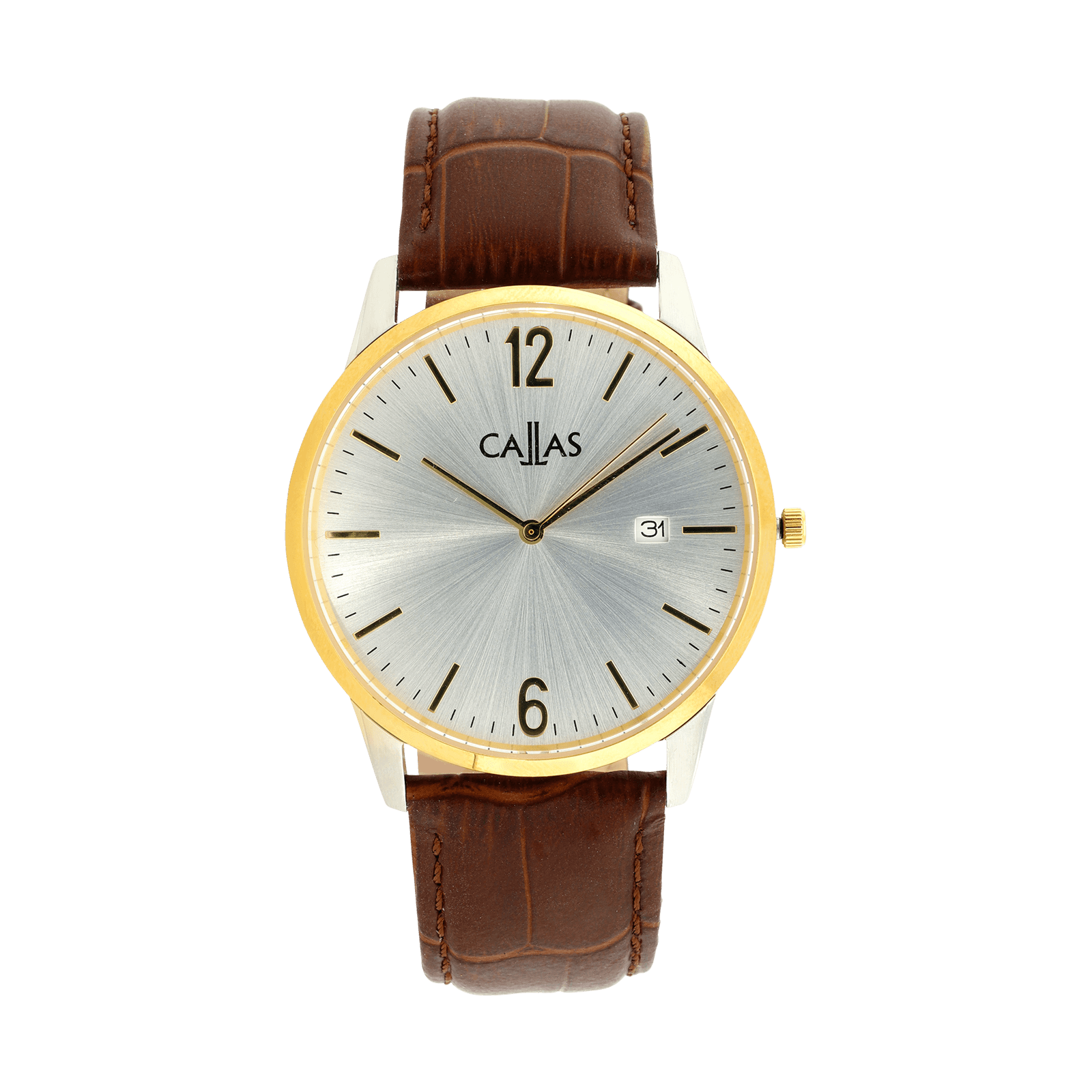 montre callas 40.5mm acier date bracelet cuir marron lunette doré cadran argent sunray 5 atm