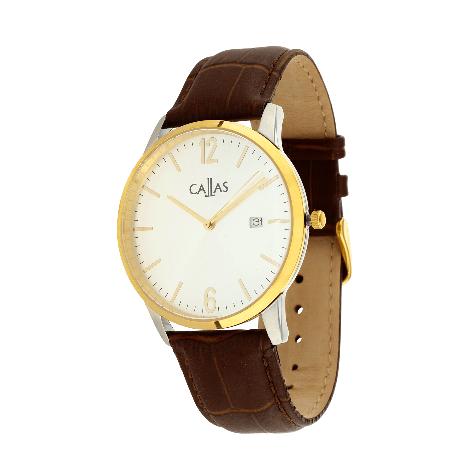 montre callas 40.5mm acier date bracelet cuir marron lunette doré cadran argent sunray 5 atm