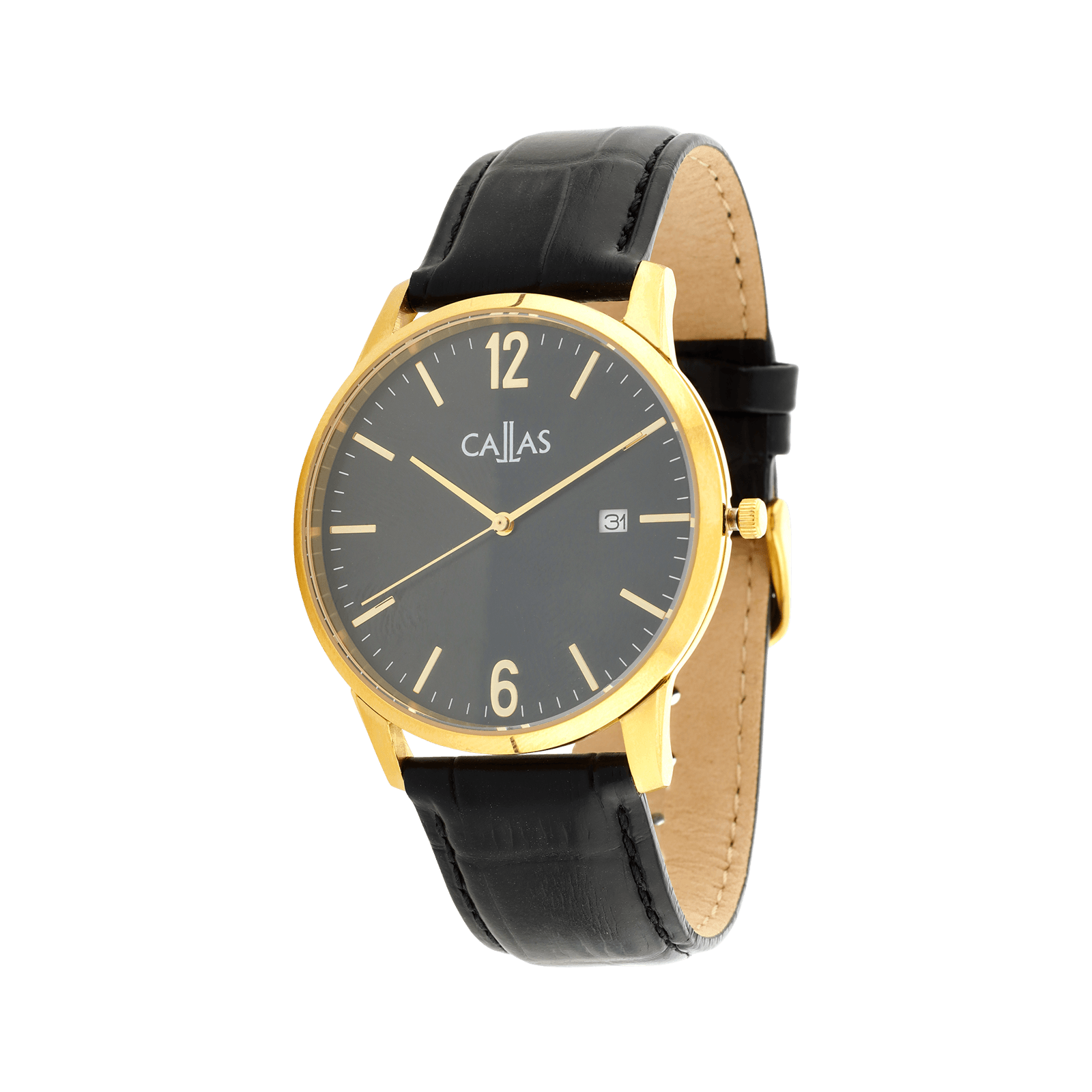 montre callas 40.5mm acier date bracelet cuir noir lunette doré cadran noir sunray 5 atm