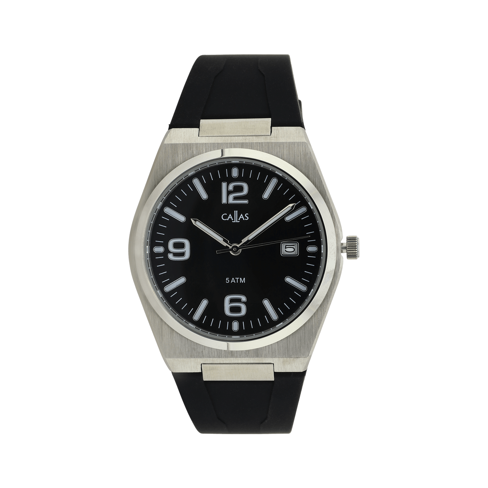 Montre Callas 40mm Acier date Bracelet silicone noir Cadran noir 5 ATM