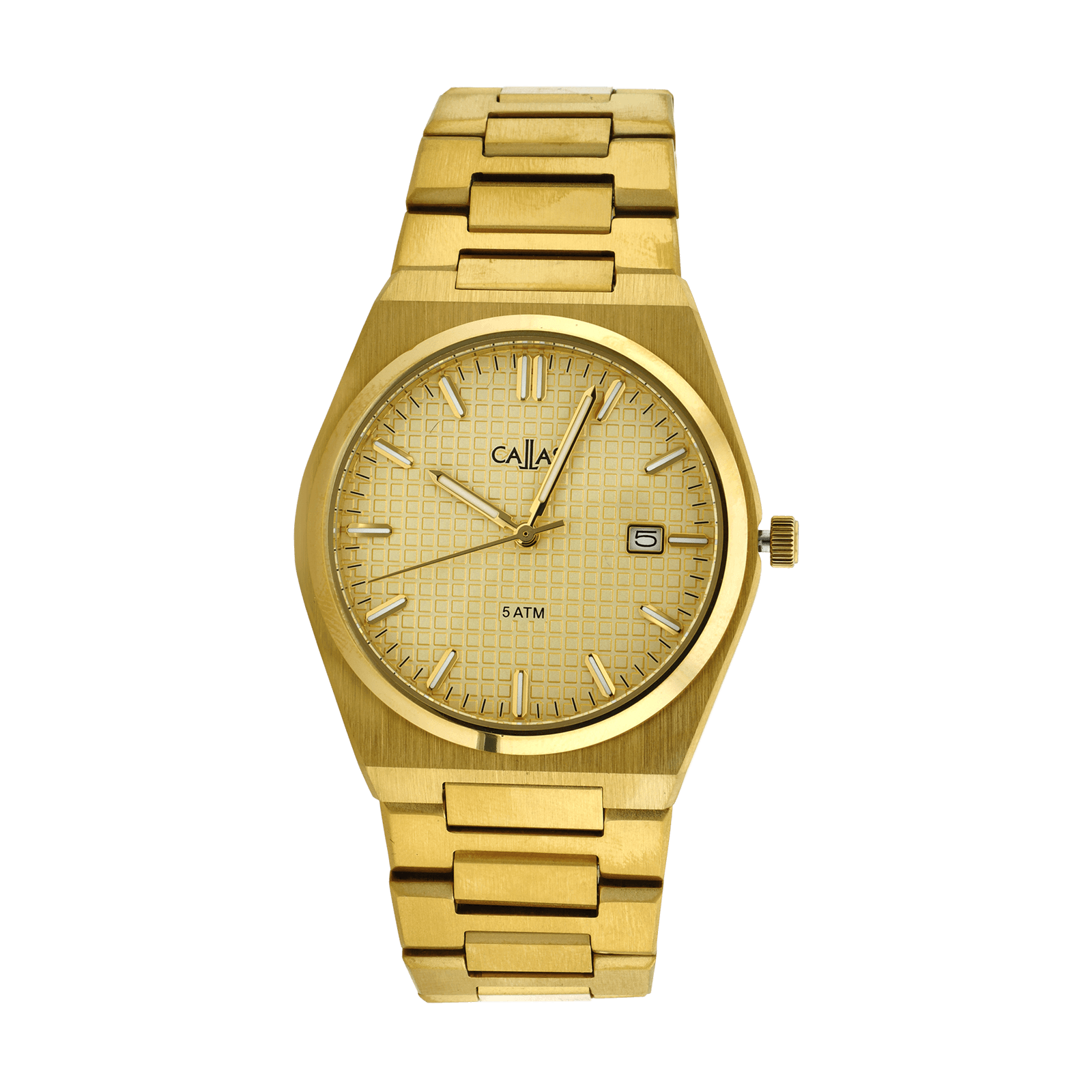 montre callas acier doré date bracelet doré cadran embossé gold