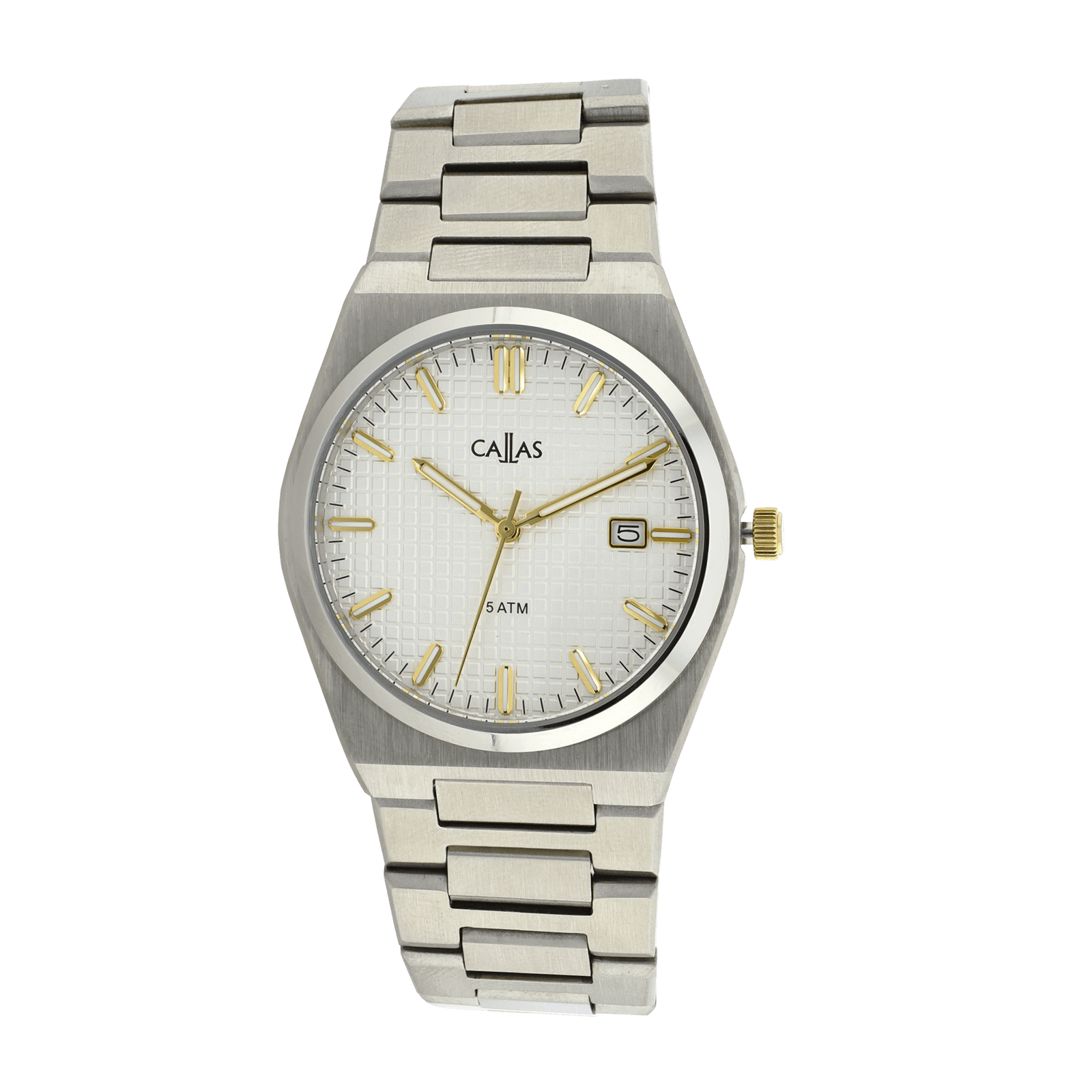 montre callas acier date bracelet ips cadran embossé argent index doré