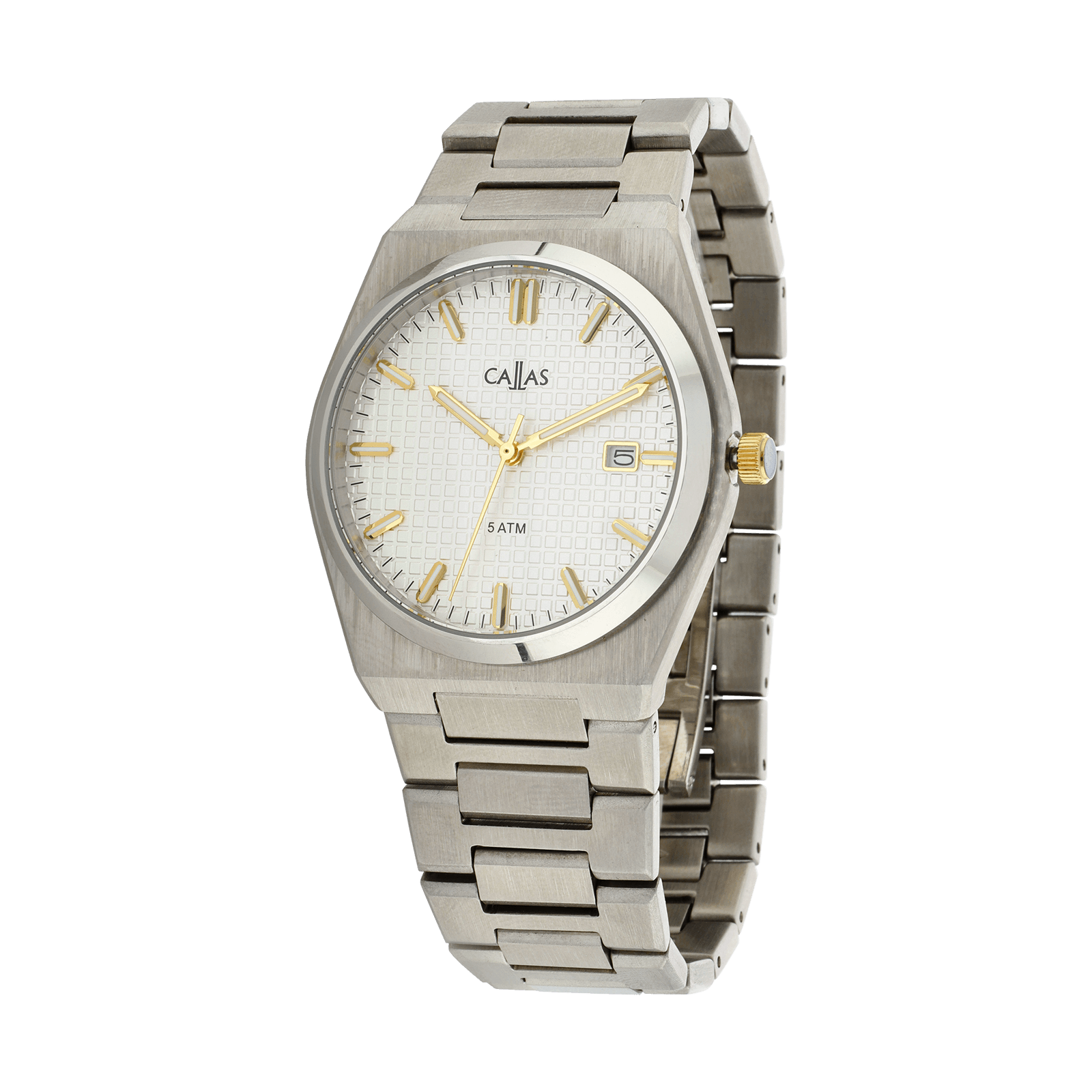 montre callas acier date bracelet ips cadran embossé argent index doré