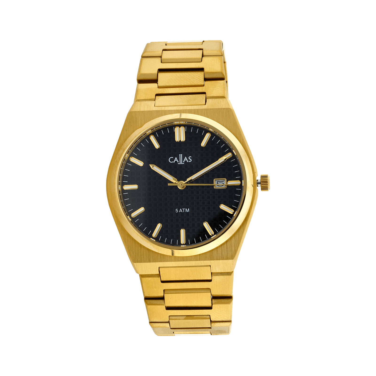 montre callas acier doré date bracelet doré cadran embossé noir