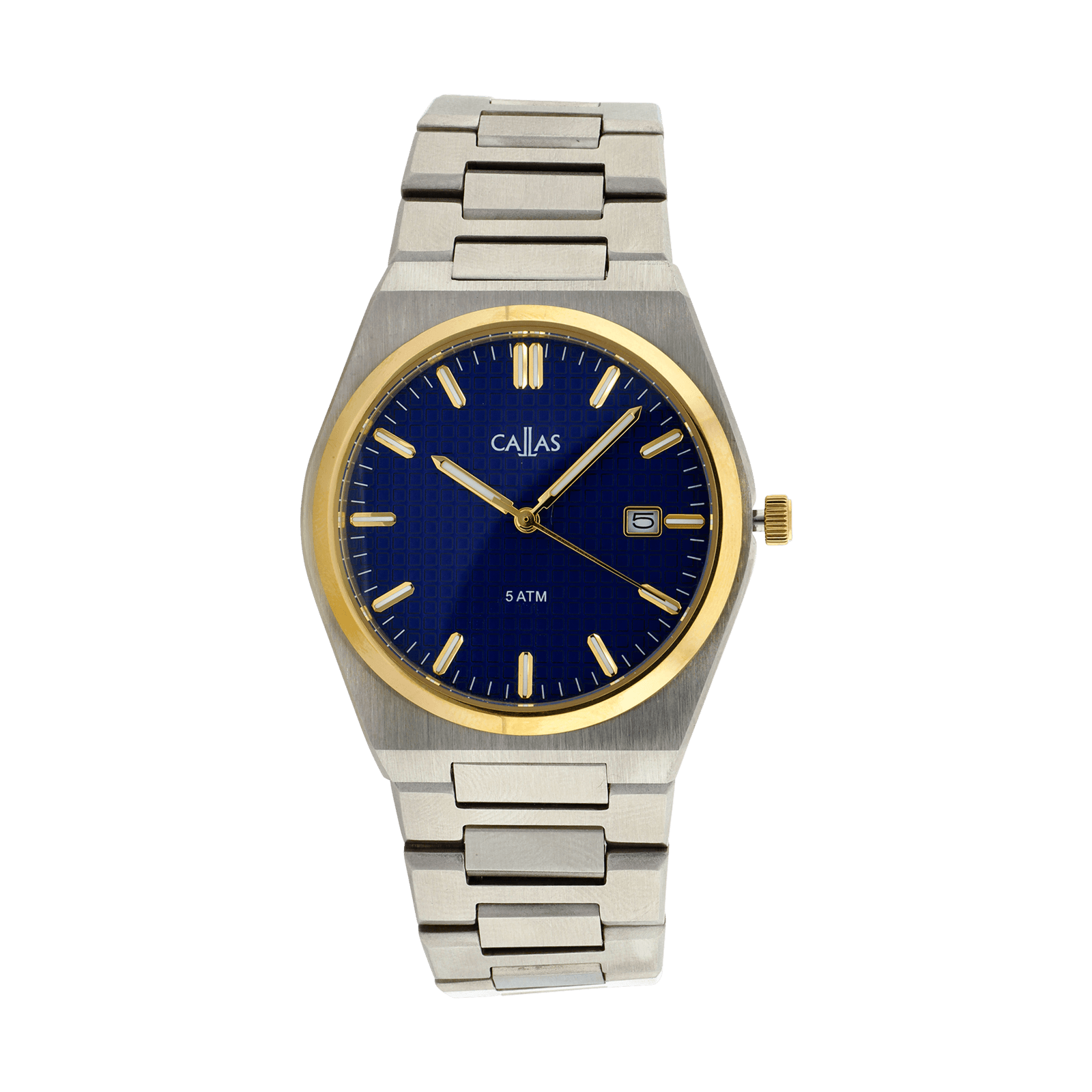 montre callas acier date bracelet ips cadran embossé bleu lunette doré