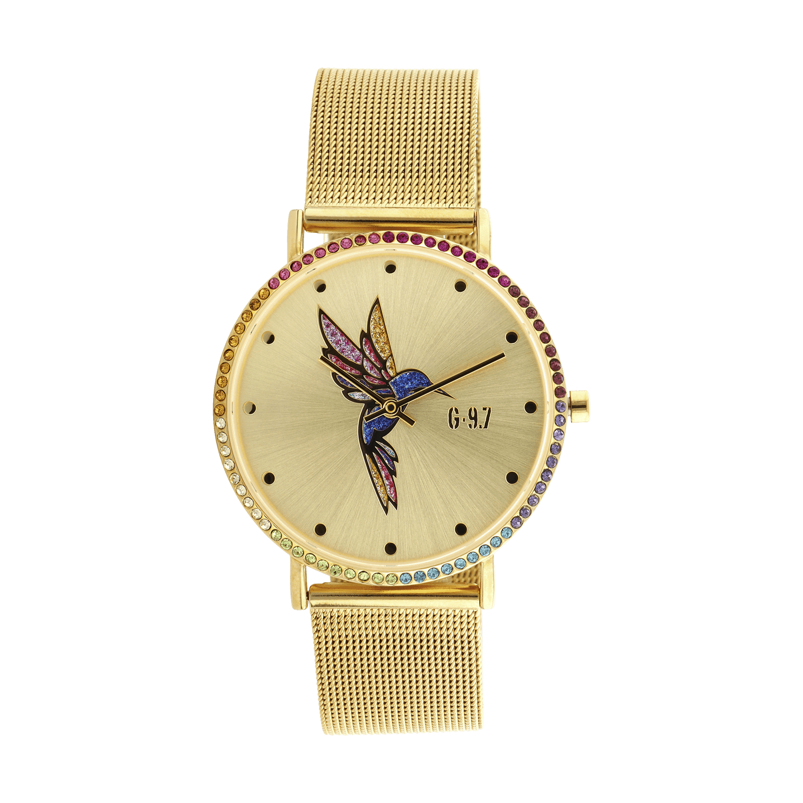 montre acier doré bracelet maille milanaise doré cadran gold sunray colibri paillettes